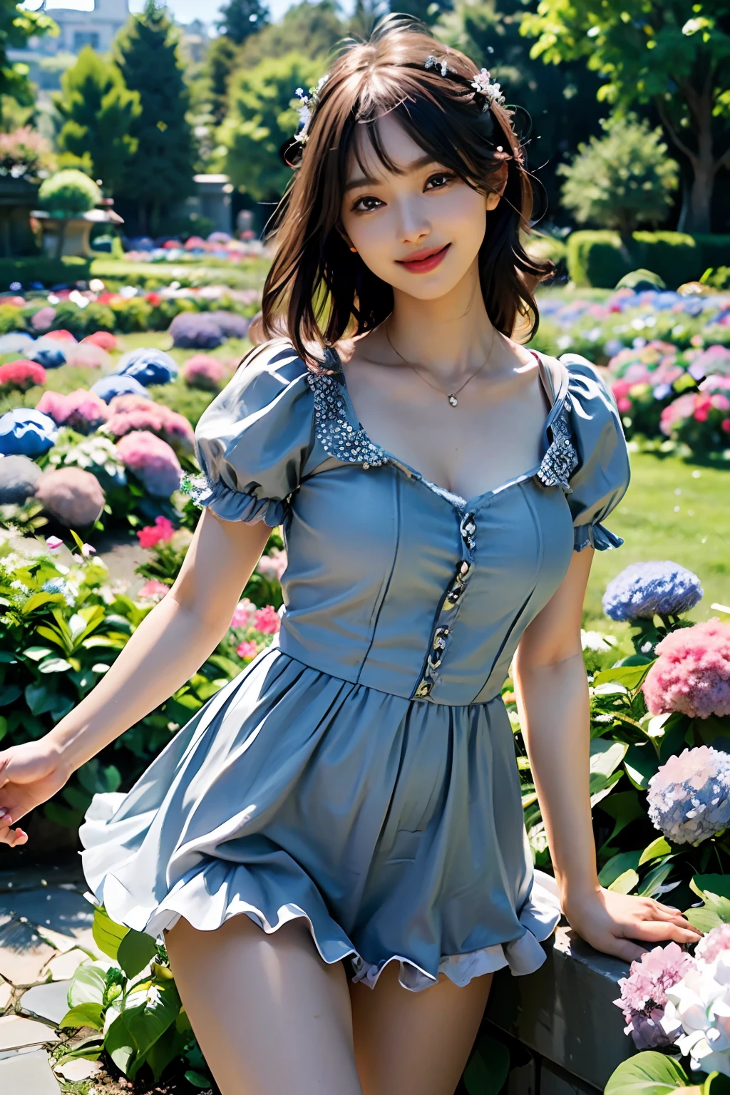 best quality, masterpiece, ultra high res, 8K, raw, (photo realistic:1.4), professional lighting, depth of field, (detailed background:1.5), hydrangeas, flower garden, slender, dynamic pose, 1 girl, cute, smile, big black eyes, open mouth, tiny breasts, detailed clothes, white, one-piece with frill