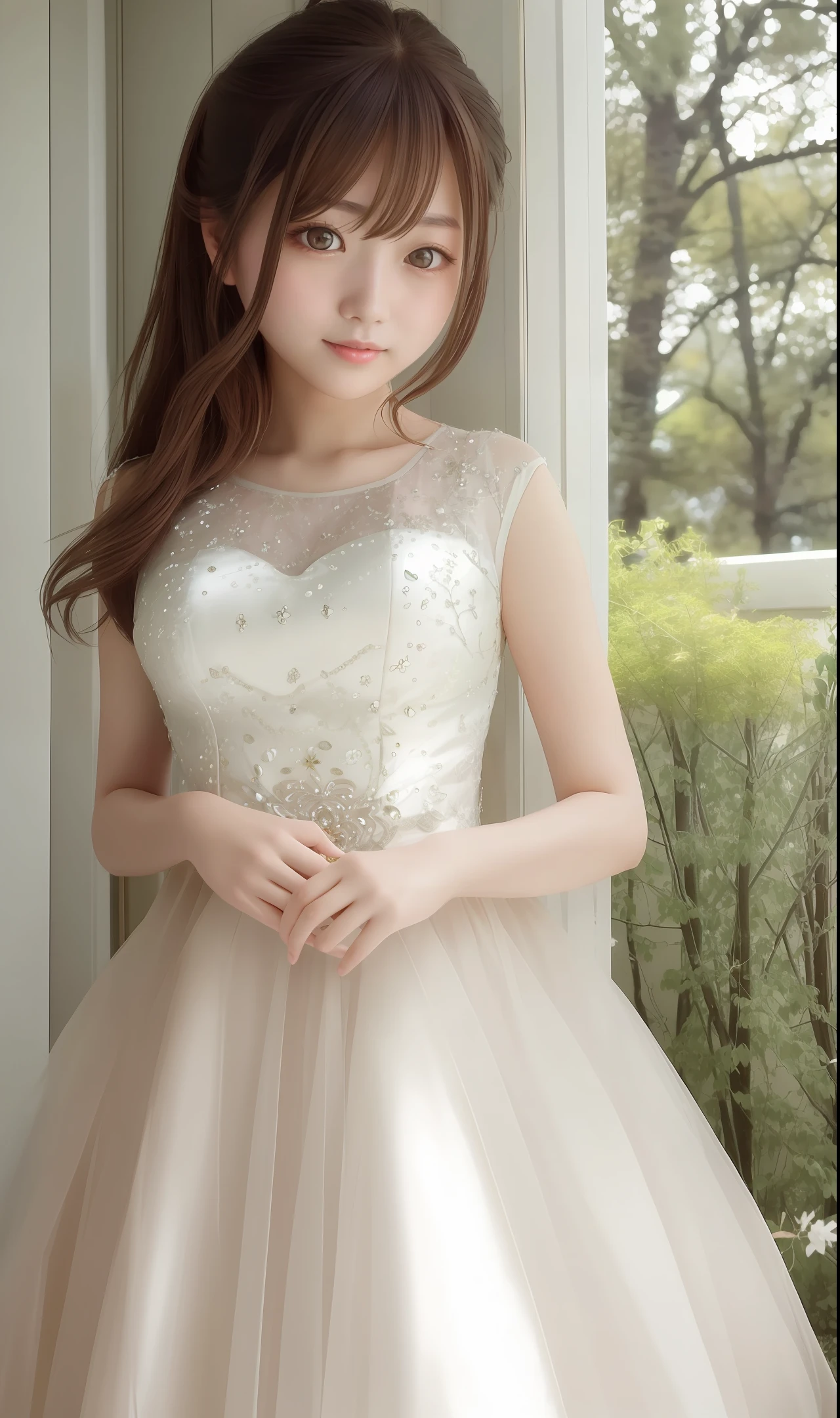 Please generate a beautiful girl like Minami Hamabe. It is desirable to have clear skin like hers, large eyes and soft hair color and texture. It is also important to have an elegant and glamorous atmosphere.