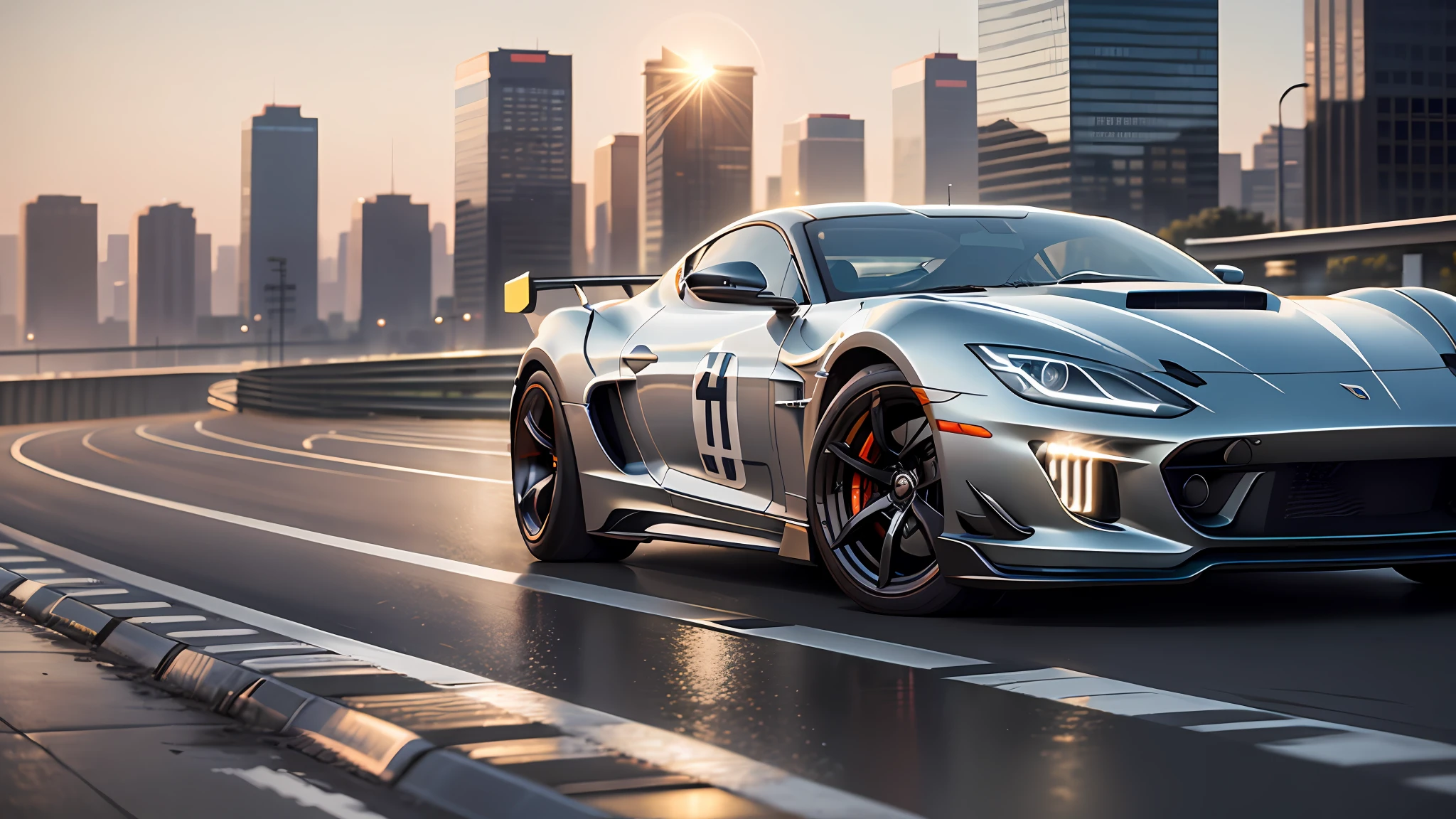 A car, driving on a city track, racing road, racing race sign, silver metal body, glass windows, metallic reflection, city track, tall building, sunset, photography, art station trend, sharp focus, intricate detail, high detail, ambient light, ray tracing