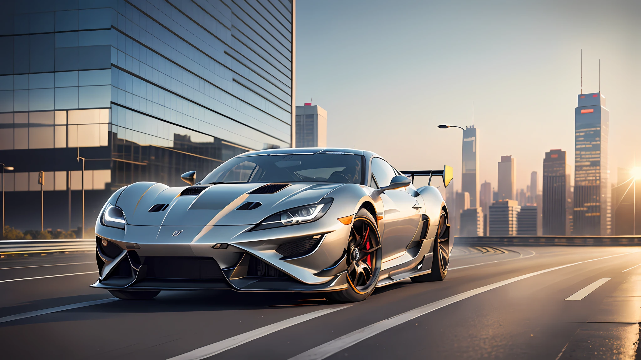 A car, driving on a city track, racing road, racing race sign, silver metal body, glass windows, metallic reflection, city track, tall building, sunset, photography, art station trend, sharp focus, intricate detail, high detail, ambient light, ray tracing