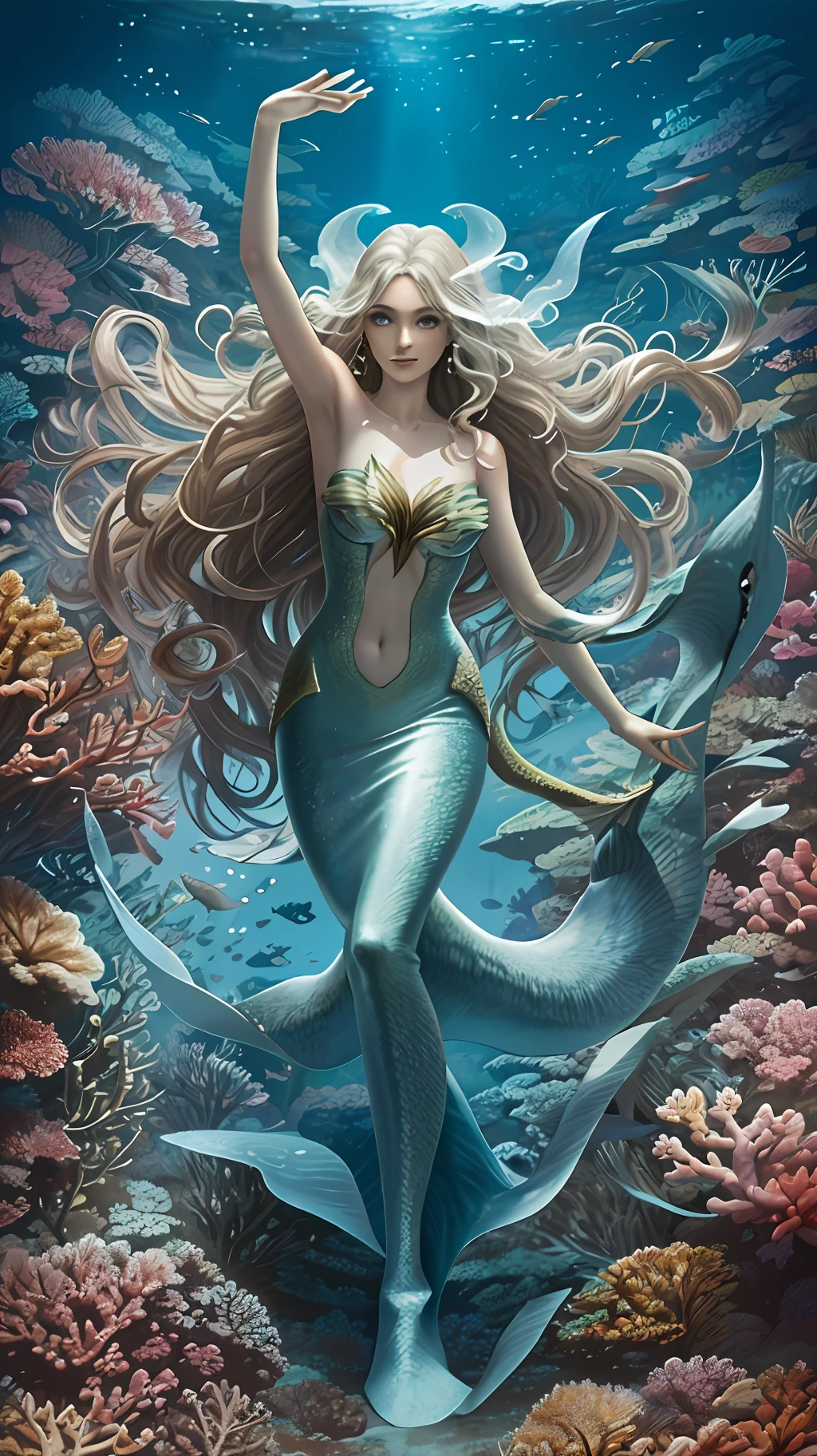 A mermaid, mystical, slender and elegant body, with the upper part being human and the lower one transformed into a scaly tail, skin with brown and soft tone,Her face is harmonious and charming, large and expressive eyes, long silky hair flowing in sinuous waves, color of her hair in shades of red, at the bottom of the sea, algae, fish, starfish, corals, ultra resolution
