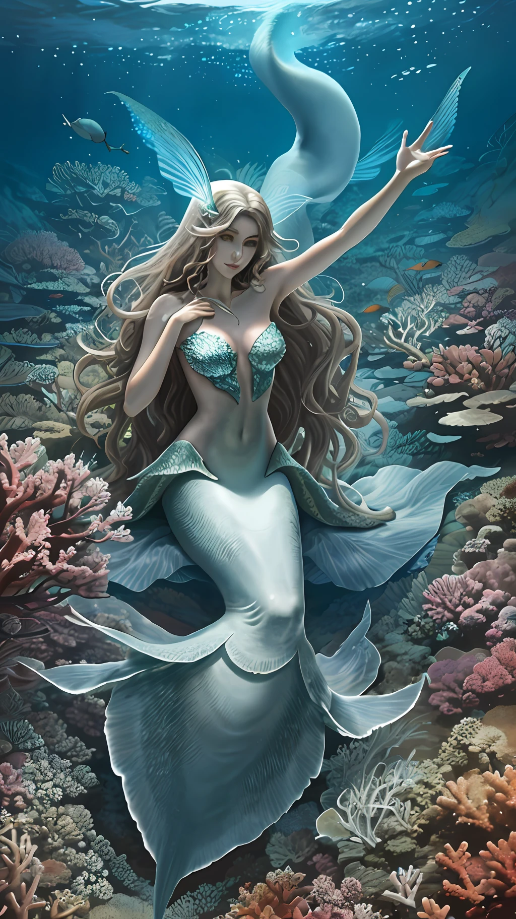 A mermaid, mystical, slender and elegant body, with the upper part being human and the lower one transformed into a scaly tail, skin with brown and soft tone,Her face is harmonious and charming, large and expressive eyes, long silky hair flowing in sinuous waves, color of her hair in shades of red, at the bottom of the sea, algae, fish, starfish, corals, ultra resolution
