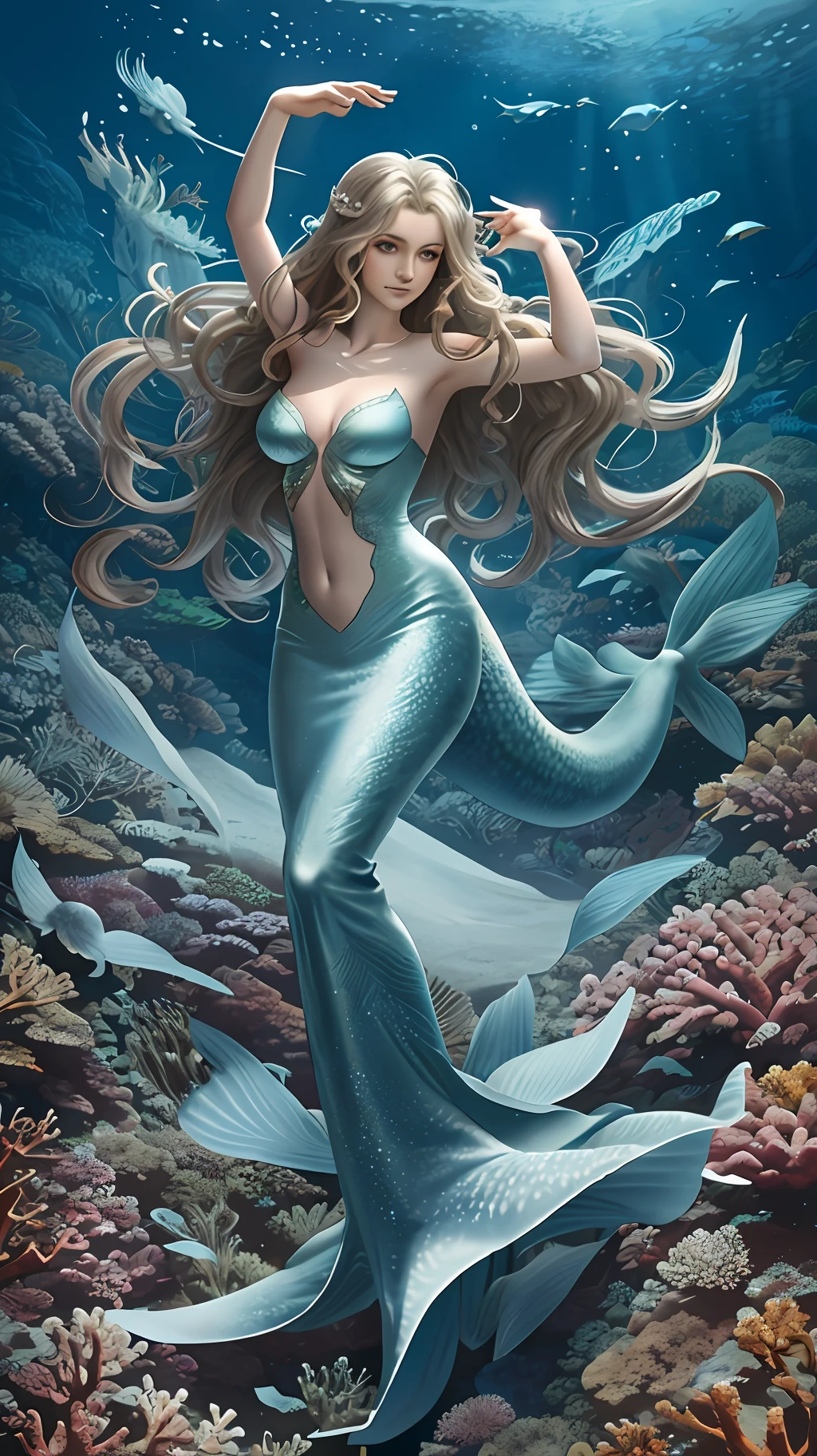 A mermaid, mystical, slender and elegant body, with the upper part being human and the lower one transformed into a scaly tail, skin with brown and soft tone,Her face is harmonious and charming, large and expressive eyes, long silky hair flowing in sinuous waves, color of her hair in shades of red, at the bottom of the sea, algae, fish, starfish, corals, ultra resolution