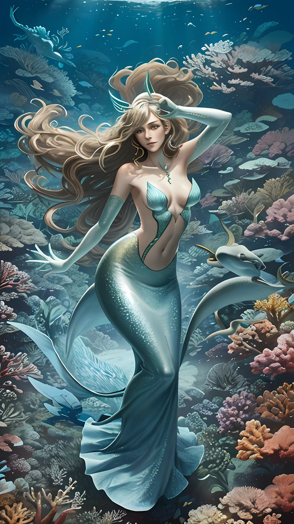 A mermaid, mystical, slender and elegant body, with the upper part being human and the lower one transformed into a scaly tail, skin with brown and soft tone,Her face is harmonious and charming, large and expressive eyes, long silky hair flowing in sinuous waves, color of her hair in shades of red, at the bottom of the sea, algae, fish, starfish, corals, ultra resolution