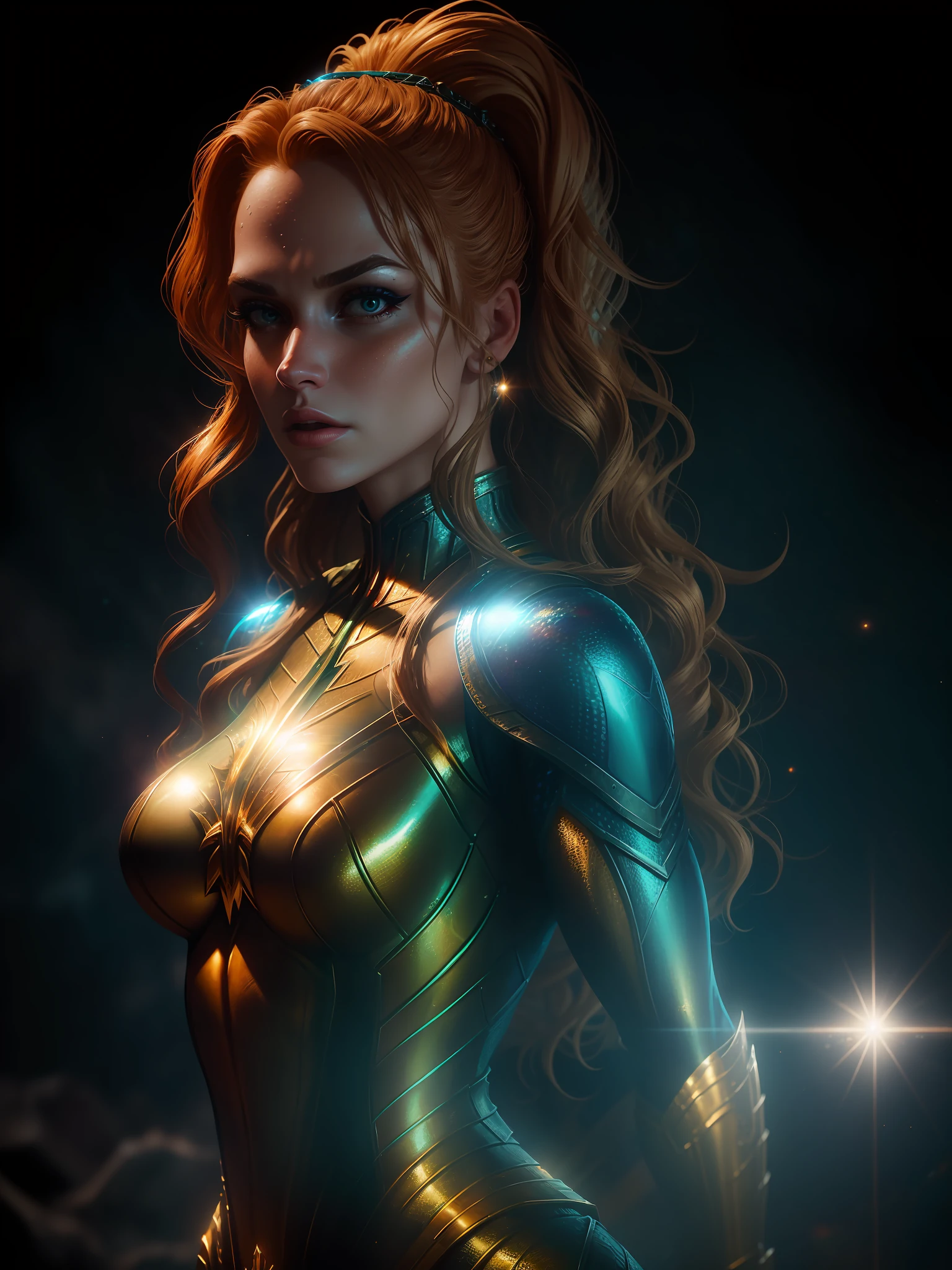 Movie scene, close-up shot of Woman dressed as Aquaman from DC, distorted space, distorted undead in the background, lens flares, light shafts, intricate details, highly detailed, volumetric lighting, 4k rendering, stock photo, hyper-realistic, realistic textures, dramatic lighting, Unreal Engine