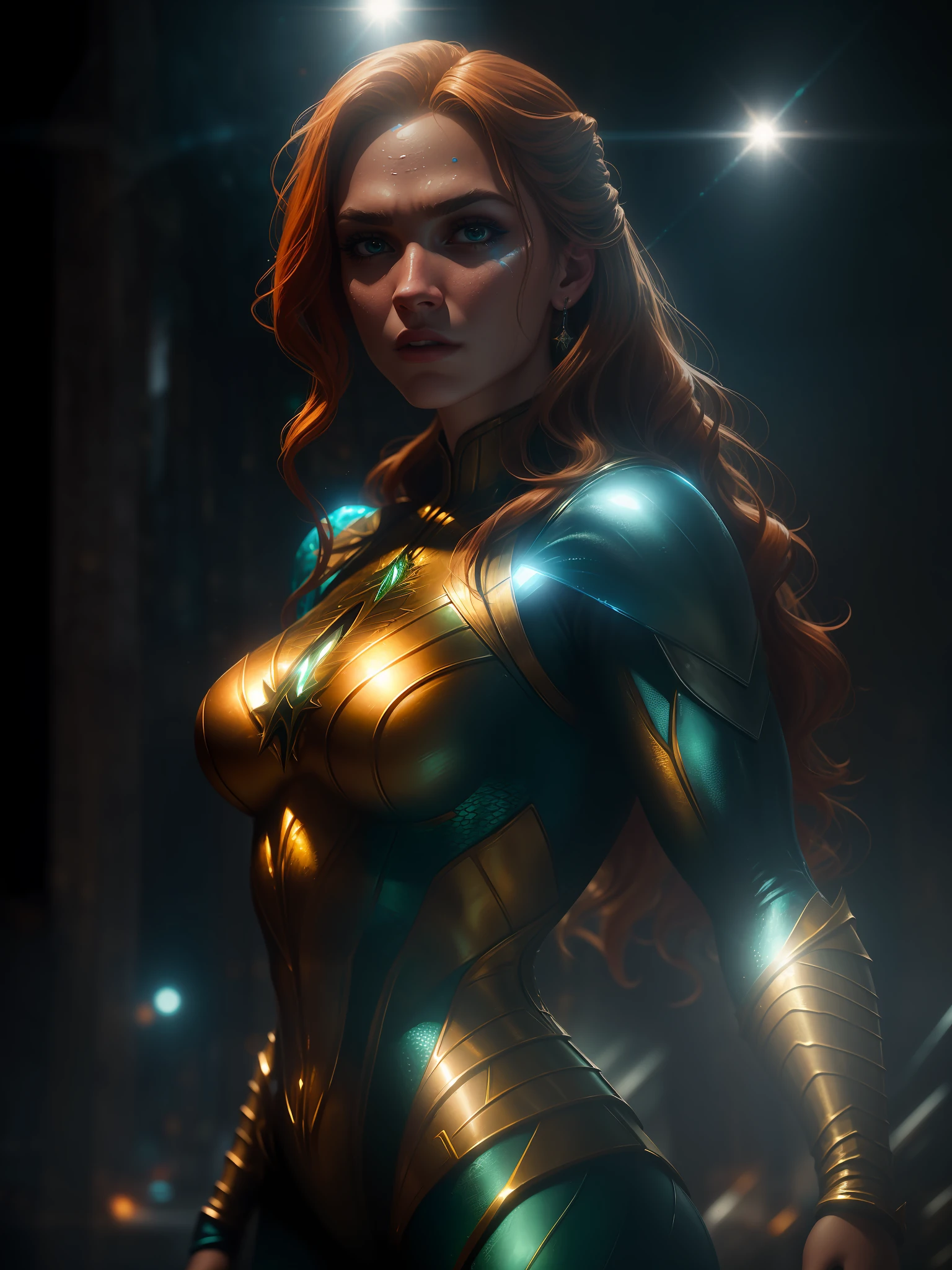 Movie scene, close-up shot of Woman dressed as Aquaman from DC, distorted space, distorted undead in the background, lens flares, light shafts, intricate details, highly detailed, volumetric lighting, 4k rendering, stock photo, hyper-realistic, realistic textures, dramatic lighting, Unreal Engine