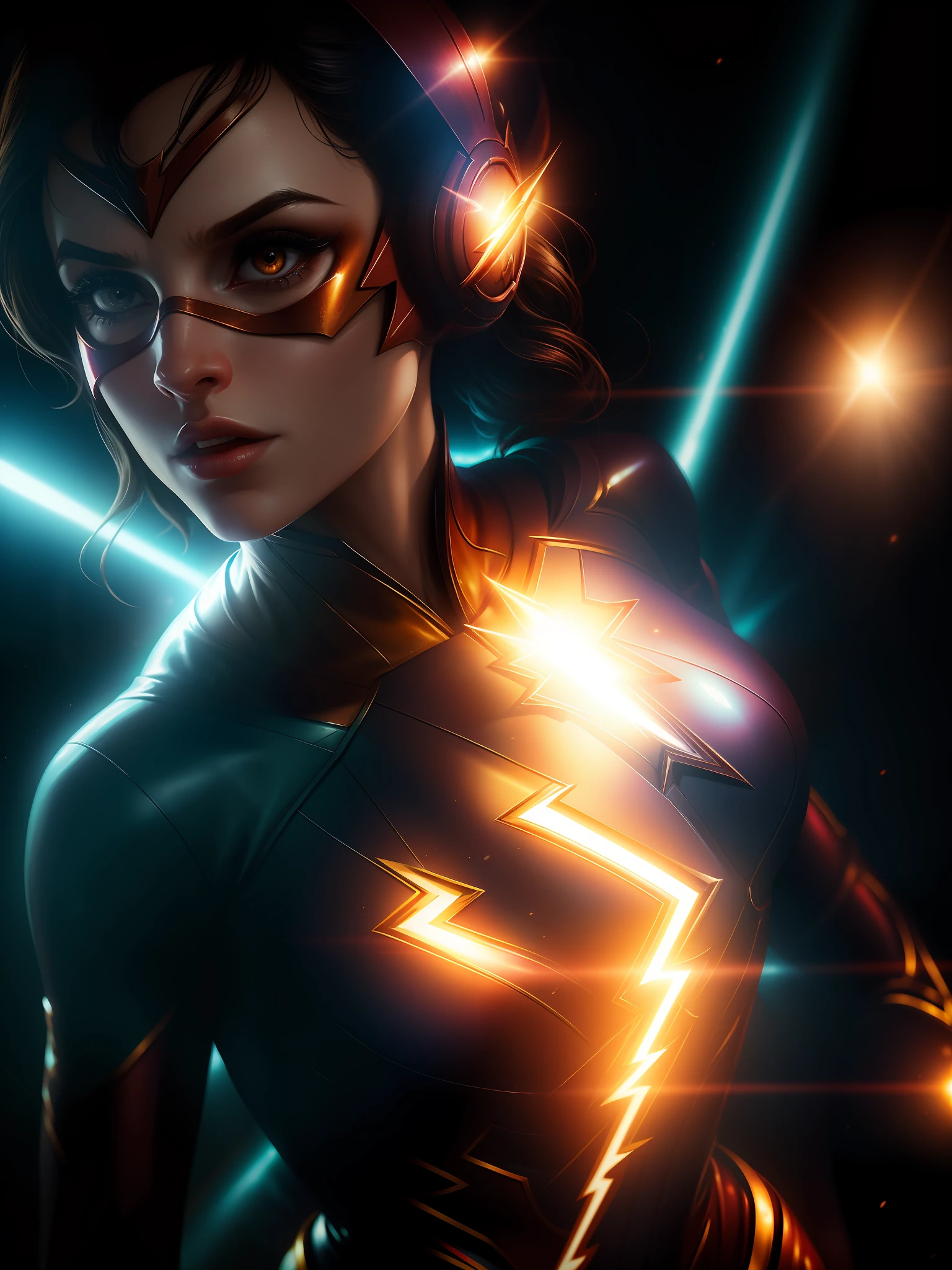 Movie scene, close-up shot of Woman dressed as Flash from DC, distorted space, distorted undead in the background, lens flares, light shafts, intricate details, highly detailed, volumetric lighting, 4k rendering, stock photo, hyper-realistic, realistic textures, dramatic lighting, Unreal Engine