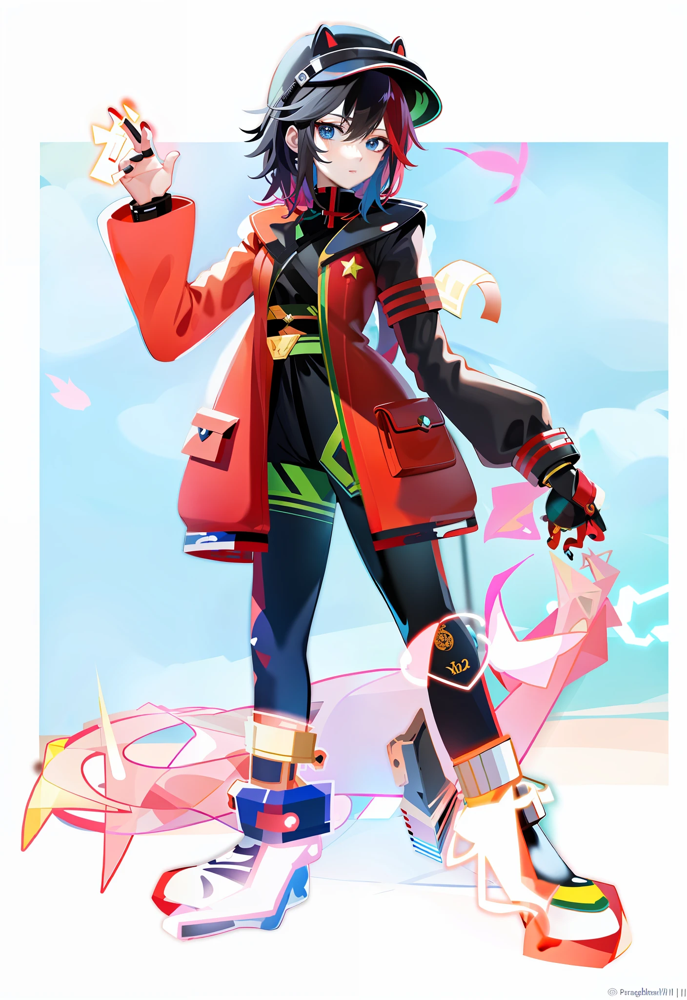 anime character with a red coat and black pants and a red hat, zerochan art, made with anime painter studio, 2 d anime style, full portrait of electromancer, colorful! character design, epic anime style, zerochan, by Kamagurka, full body!, fire!! full body, high quality anime artstyle, [ conceptual art ]!!