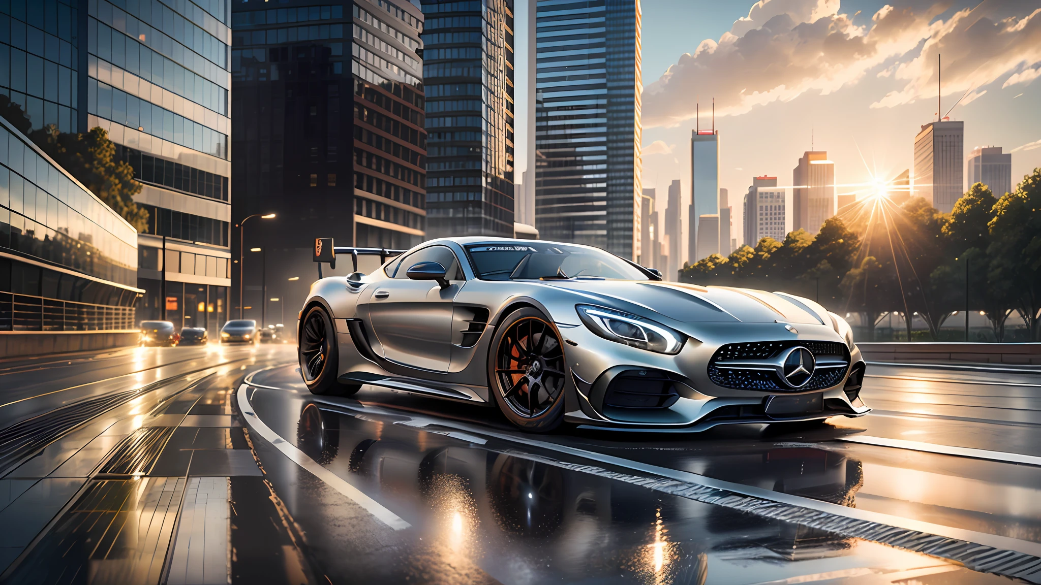 A Mercedes Benz driving on a city track, racing road, racing race sign, silver metal body, glass windows, metallic reflection, city track, tall building, sunset, photography, art station trend, sharp focus, intricate detail, high detail, ambient light, ray tracing