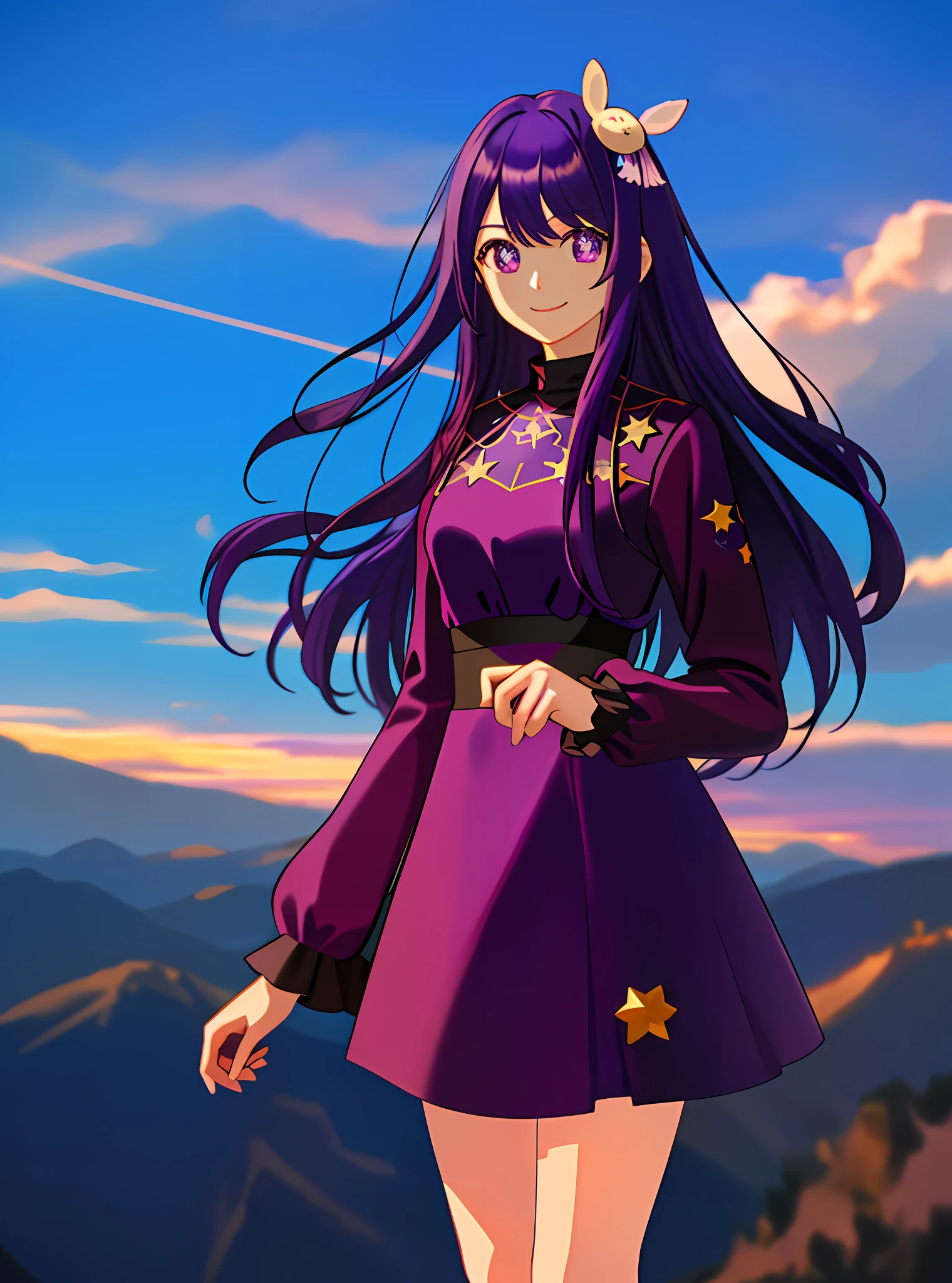 masterpiece, (best quality:1.2), detailed, Hoshino Ai, 1girl, (solo), (purple hair:1.2), hair down, (purple eyes), star-shaped pupils, (smile:1.2), (standing:1.3), hair ornament, (long sleeve dress:1.3), (purple dress:1.2), detailed eyes, highres, clouds, (sky:1.3), high details, (staring at viewer:1.2)