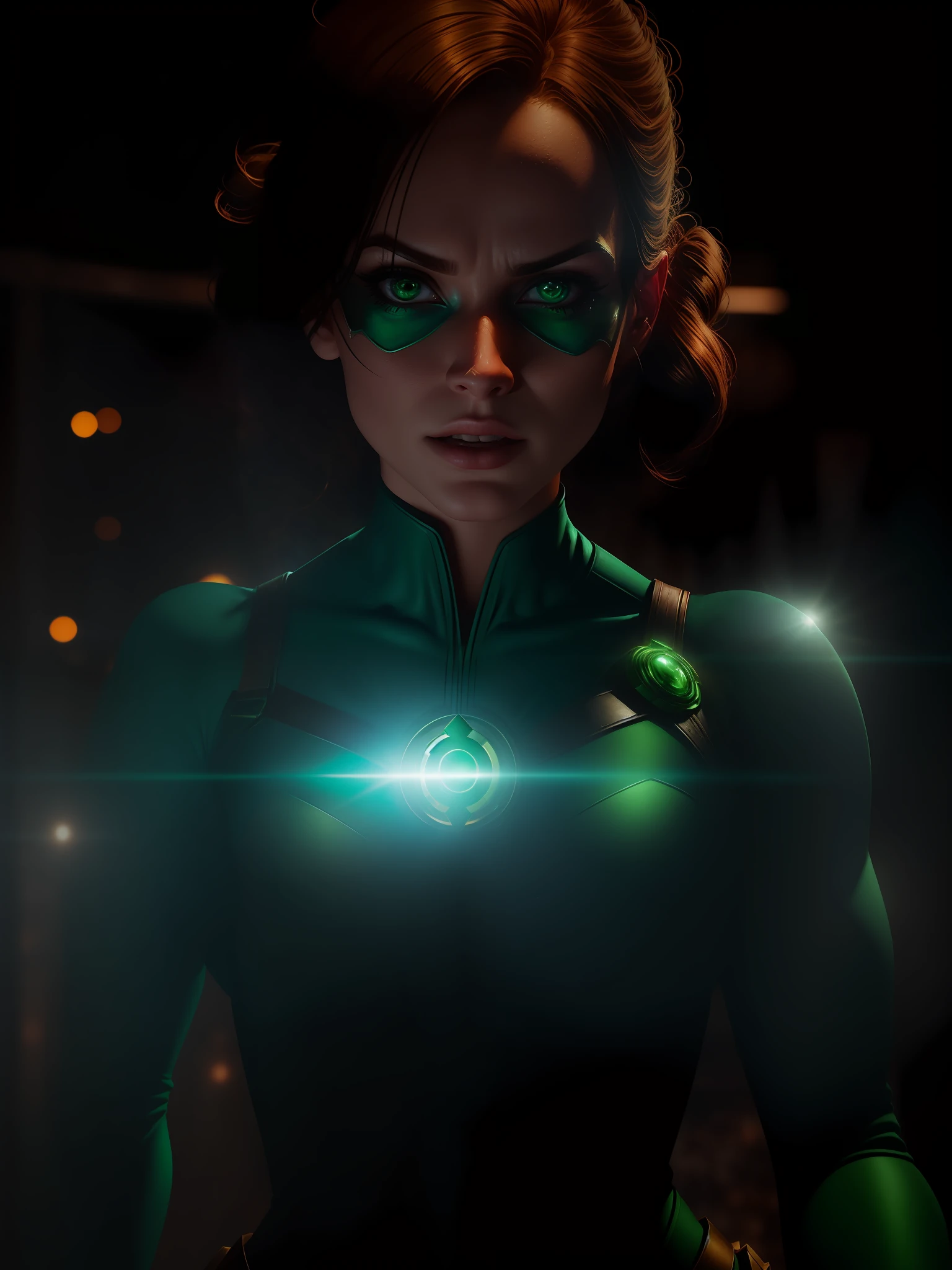 Movie scene, close-up shot of Woman dressed as Green Lantern from DC, distorted space, distorted undead in the background, lens flares, light shafts, intricate details, high detailed, volumetric lighting, 4k rendering, stock photo, hyper-realistic, realistic textures, dramatic lighting, Unreal Engine
