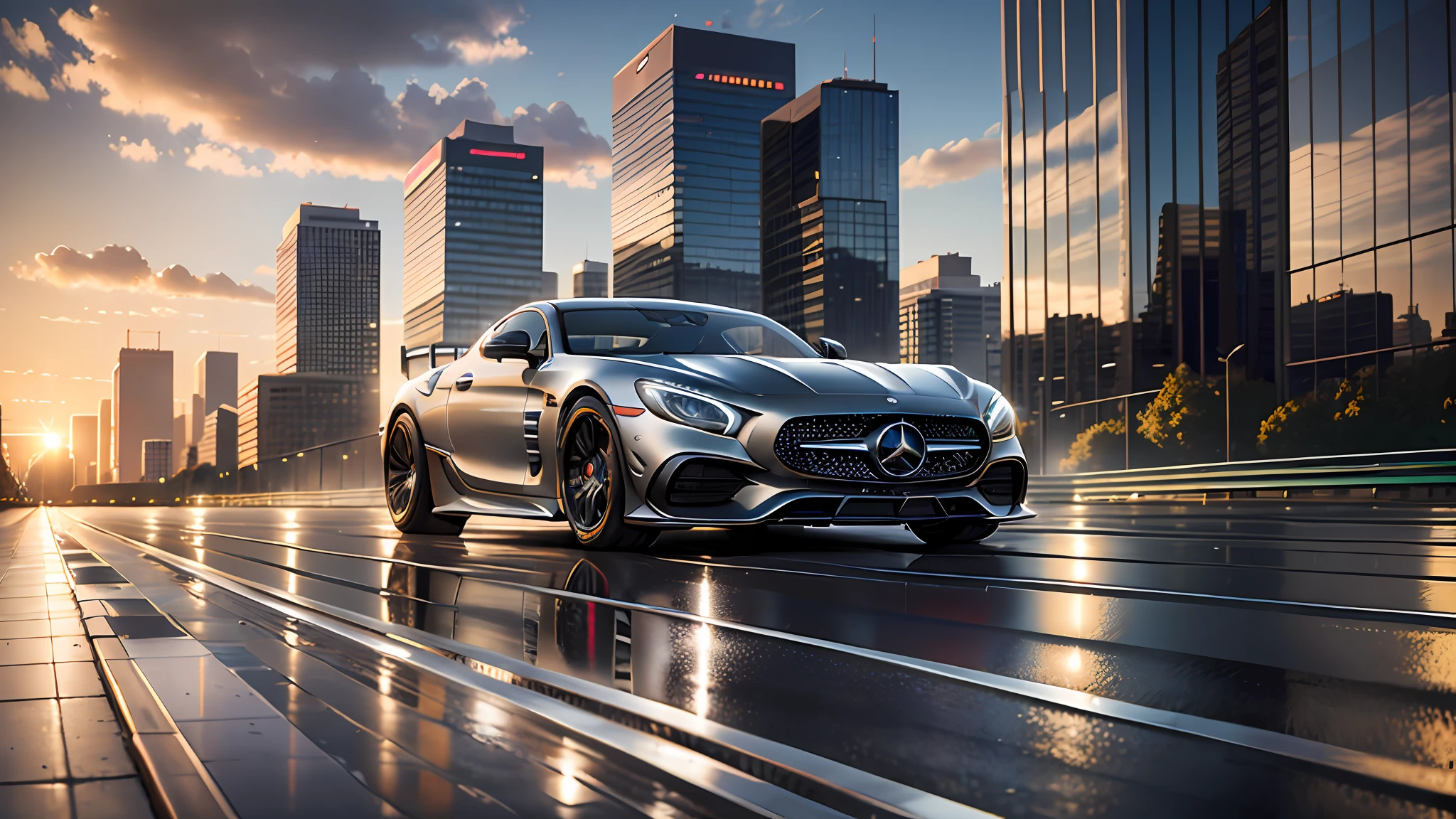 A Mercedes Benz driving on a city track, racing road, racing race sign, silver metal body, glass windows, metallic reflection, city track, tall building, sunset, photography, art station trend, sharp focus, intricate detail, high detail, ambient light, ray tracing