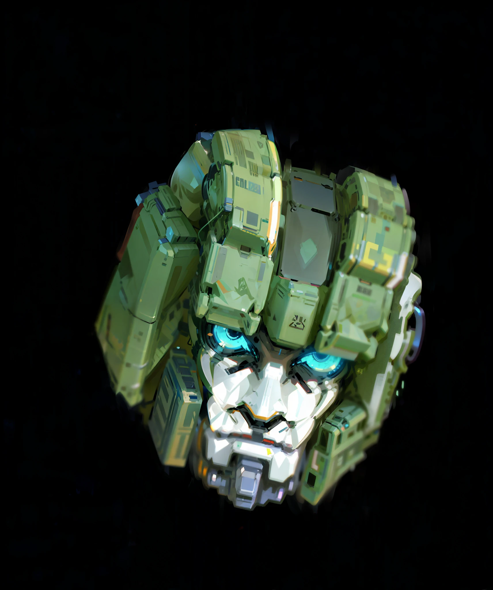 Robot head,,Green livery,Blue eyes,Mechanical,Complex,Real,Roland Ziervinskis 3d rendering art,Polycount competition winner,humanoid mech,3d rendering stylization,beautiful robot character design,mecha portrait,mecha,transformer style,realism,