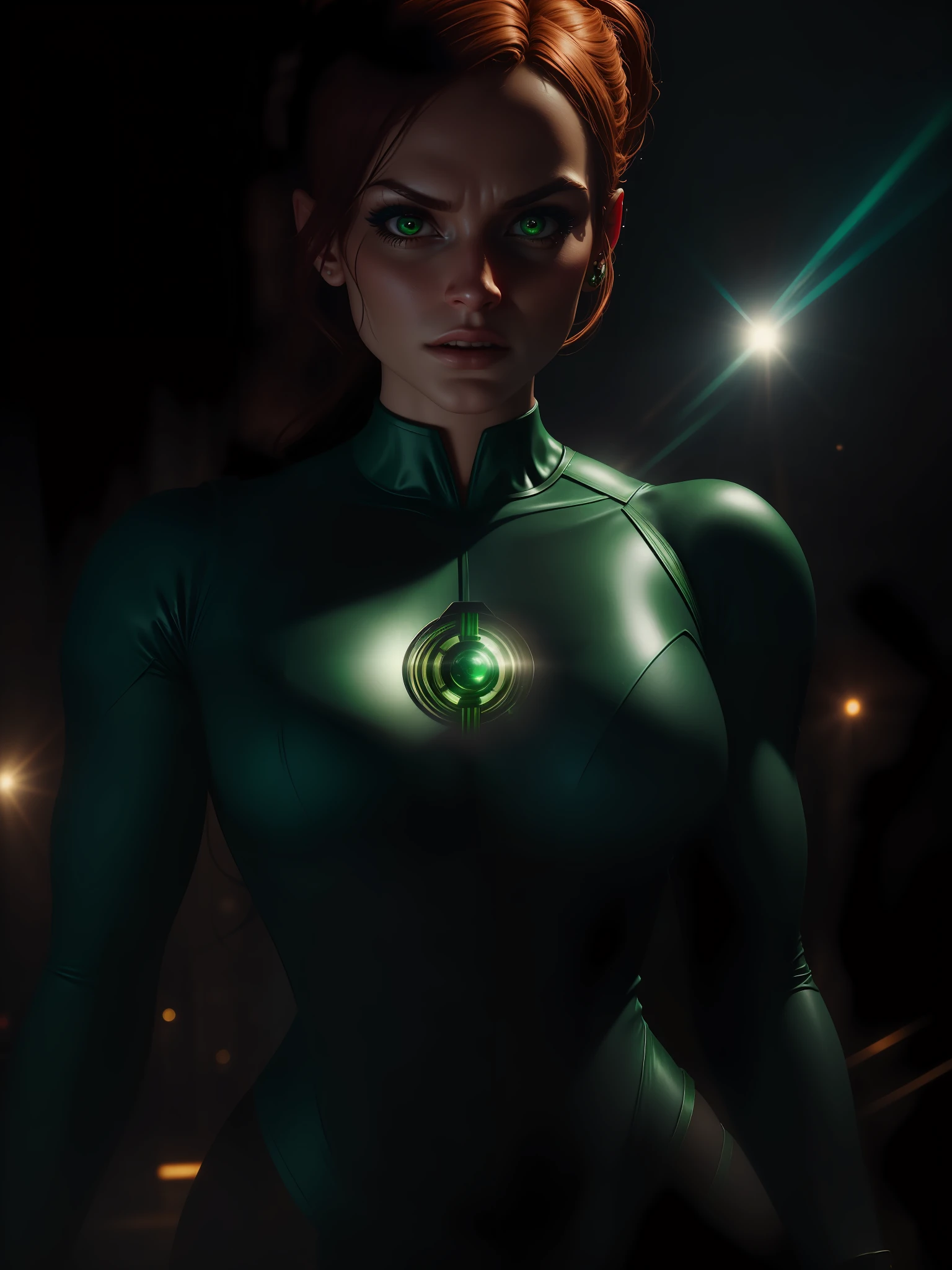 Movie scene, close-up shot of Woman dressed as Green Lantern from DC, distorted space, distorted undead in the background, lens flares, light shafts, intricate details, high detailed, volumetric lighting, 4k rendering, stock photo, hyper-realistic, realistic textures, dramatic lighting, Unreal Engine