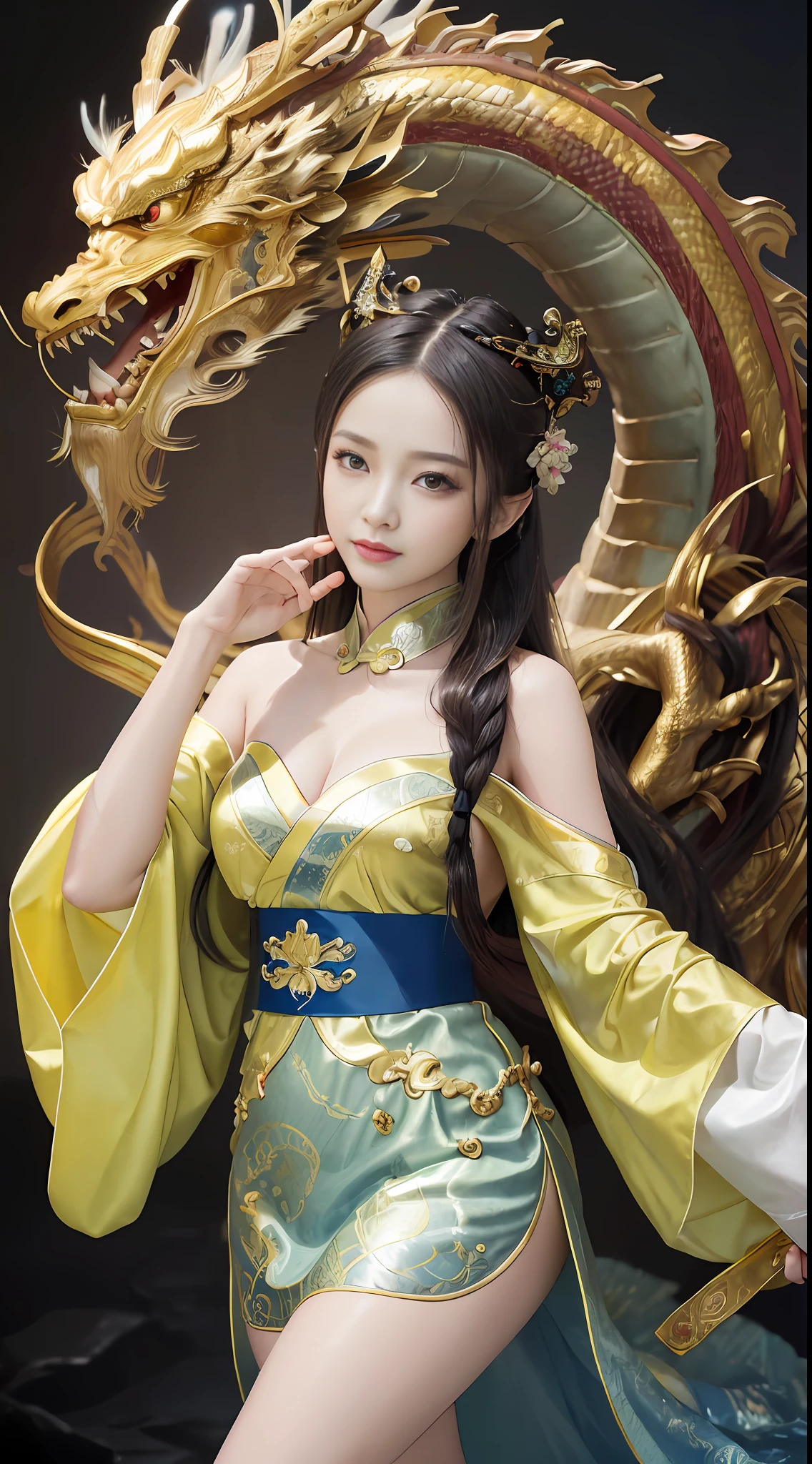 Zhong Fenghua, Gorgeous Hanfu, Official Art, Unity 8k wallpaper, super detailed, beautiful and beautiful, masterpiece, best quality, (tangled, tangled, tangled), (fractal art: 1.4), (character center: 1.3), bare thighs, 1 girl, shocking domineering Chinese dragon, detail water dragon, black hair, long ponytail, Chinese, off-the-shoulder, very detailed, dynamic angle, cowboy shot, (most beautiful form of chaos), ethereal, (bright colors) , OC, (half: 1.2), Chinese, (Thangka Feitian: 1.5), (Ribbon: 1.3), (Dream: 1.5), (Hanfu: 1.5), Chinese Dragon, Chinese Phoenix, (Smile: 0.5), (Chinese God), (Masterpiece, Top Quality, Best Quality, Ultimate Detail, Highest Detail, Official Art, Beauty & Aesthetics: 1.2), Golden Ratio, Full Composition