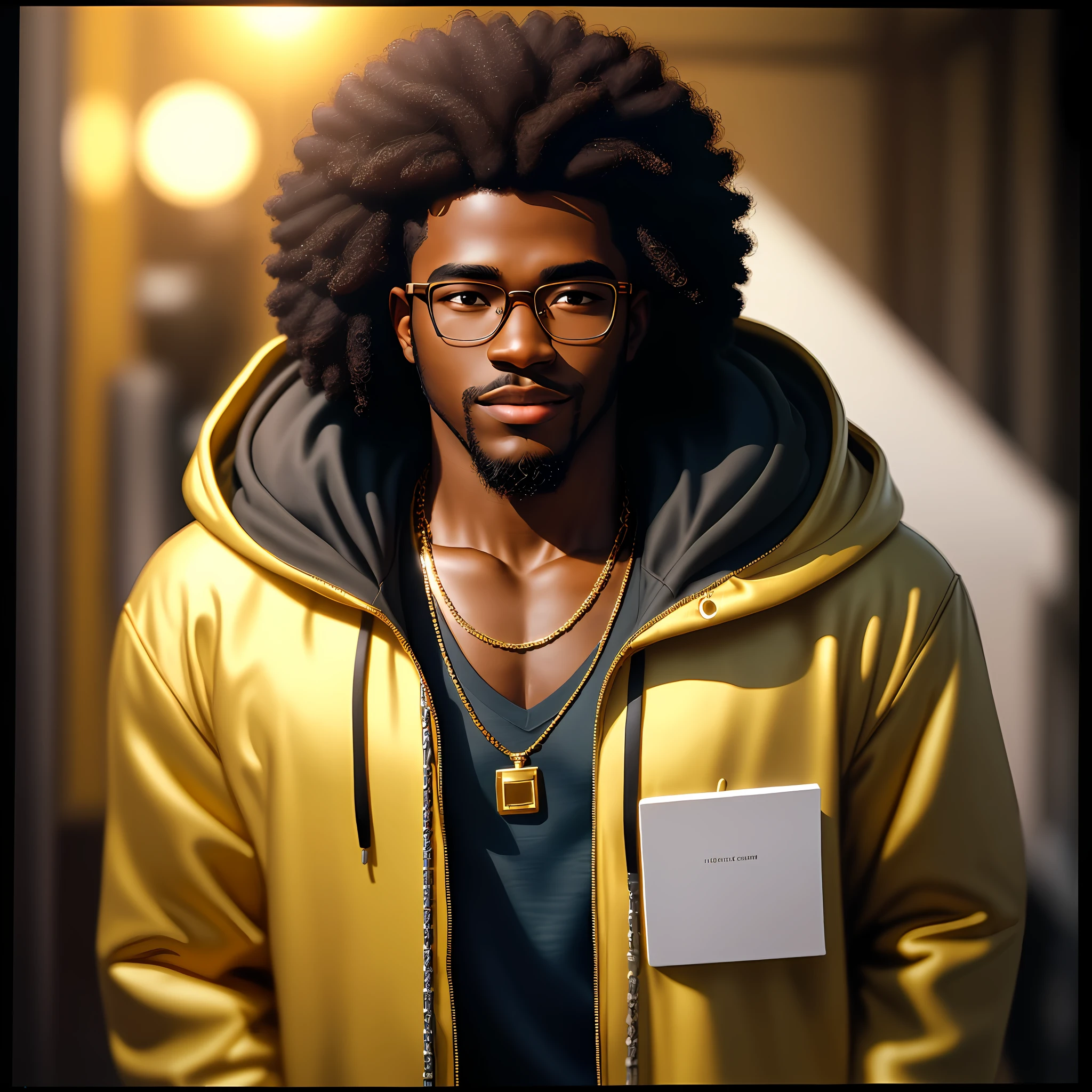 1 young man, cheerful, dark complexion, afro hair, muscular, bezel, hooded jacket, gold chain, glasses, beard, afro hair, write in a notebook, masterpiece, cinematic lighting, (photorealistic:1.3), high frequency details, 35mm film, (film grain), film noise, Kodak ProImage 100, depth of field, bokeh