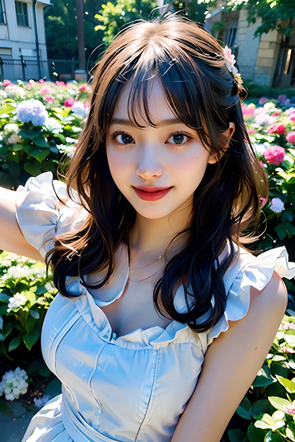 best quality, masterpiece, ultra high res, 8K, raw, (photo realistic:1.4), professional lighting, depth of field, (detailed background:1.5), hydrangeas, flower garden, slender, dynamic pose, 1 girl, cute, smile, big black eyes, open mouth, tiny breasts, detailed clothes, white, one-piece with frill