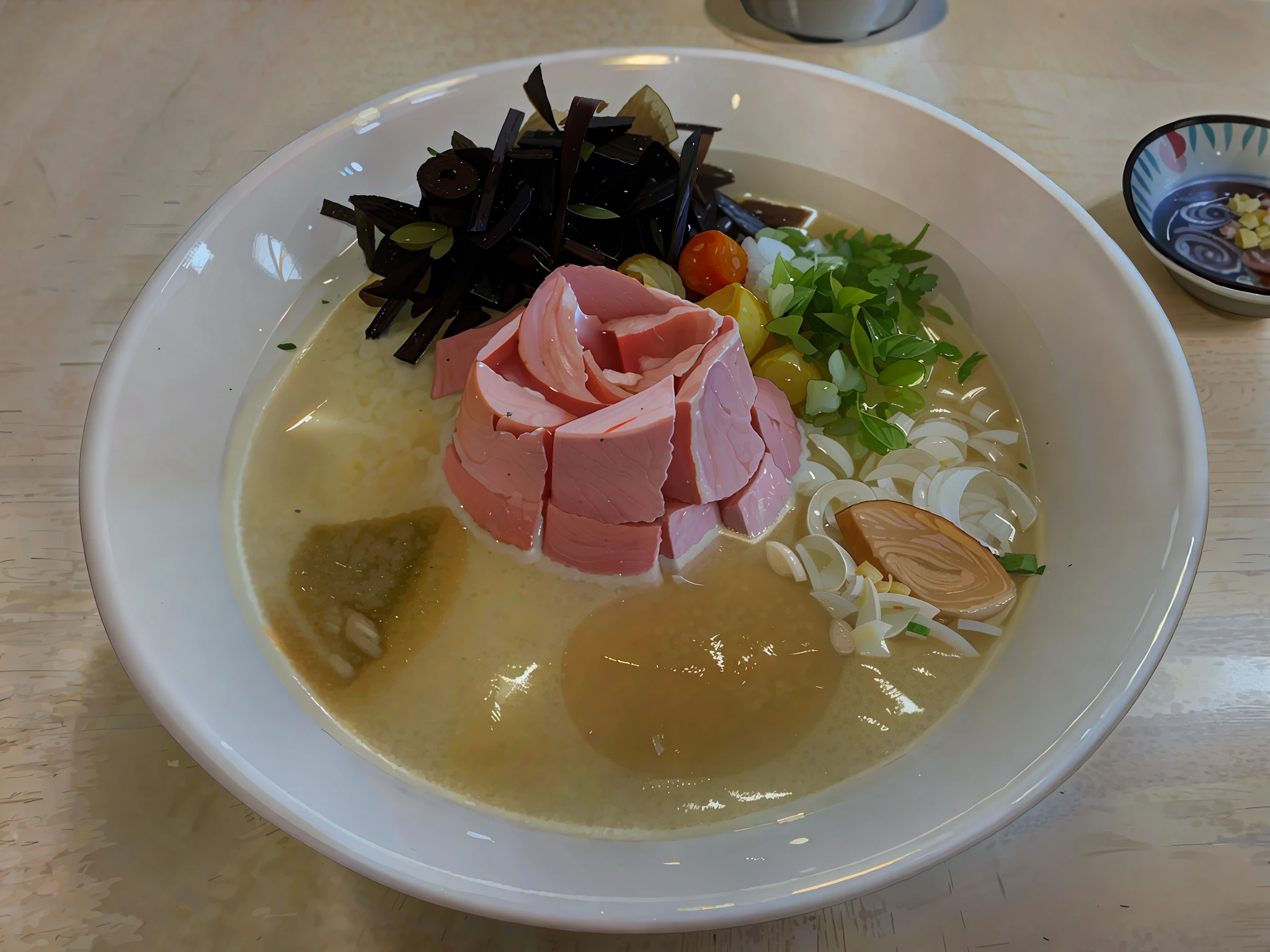 there is a bowl of soup with meat and vegetables in it, ramen, sougetsu, eating ramen, kantoku, yummy, けもの, yoshiku, very tasty, momoshiki ōtsutsuki, shogakukan, by Shiba Kōkan, hakusensha, kaigetsudo ando