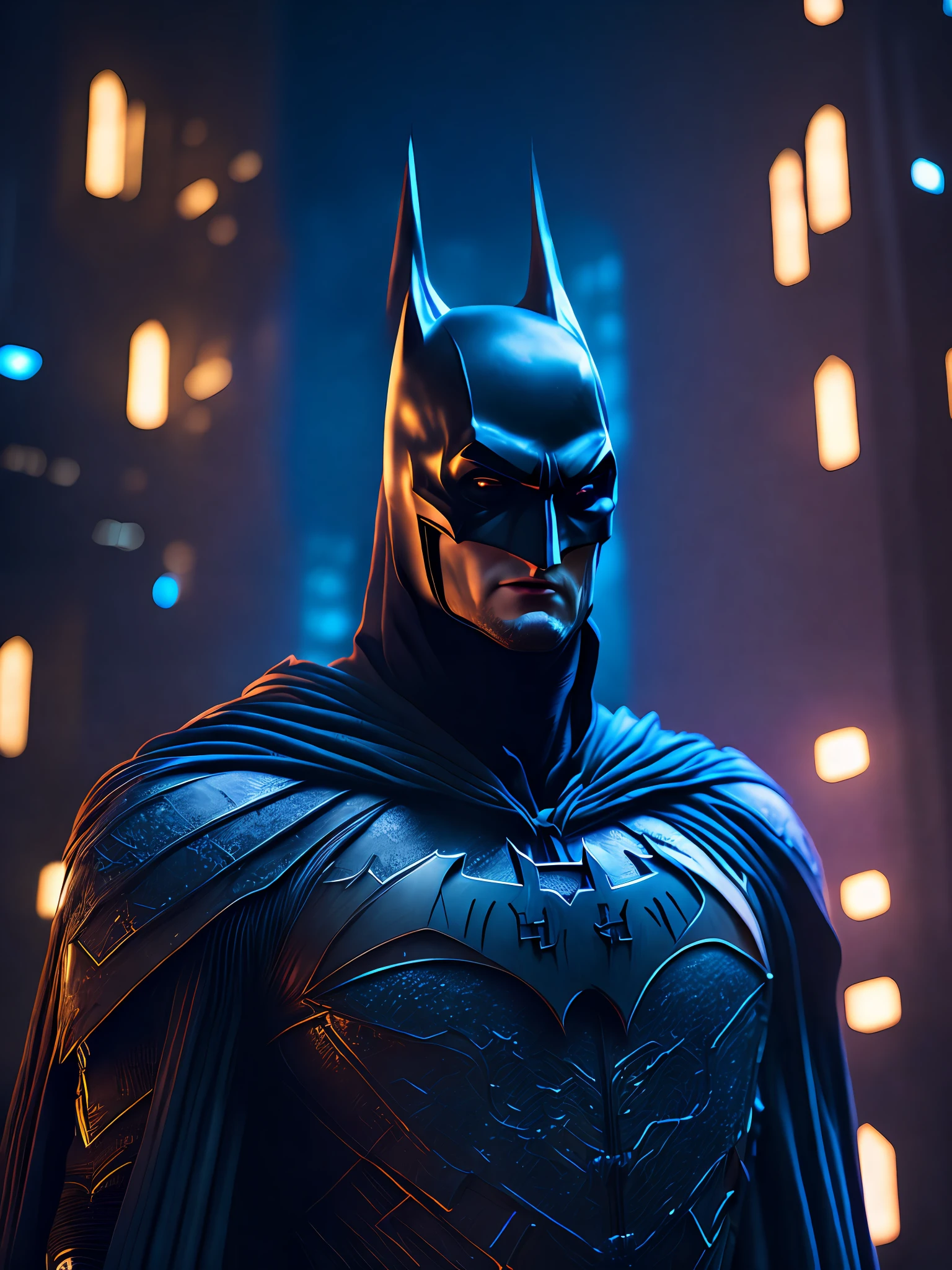 somber portrait of Batman from DC with intricate angular cybernetic implants inside a brutalist building, gothic brutalist cathedral, cyberpunk, award-winning photo, bokeh, neon lights, cybernetic limb