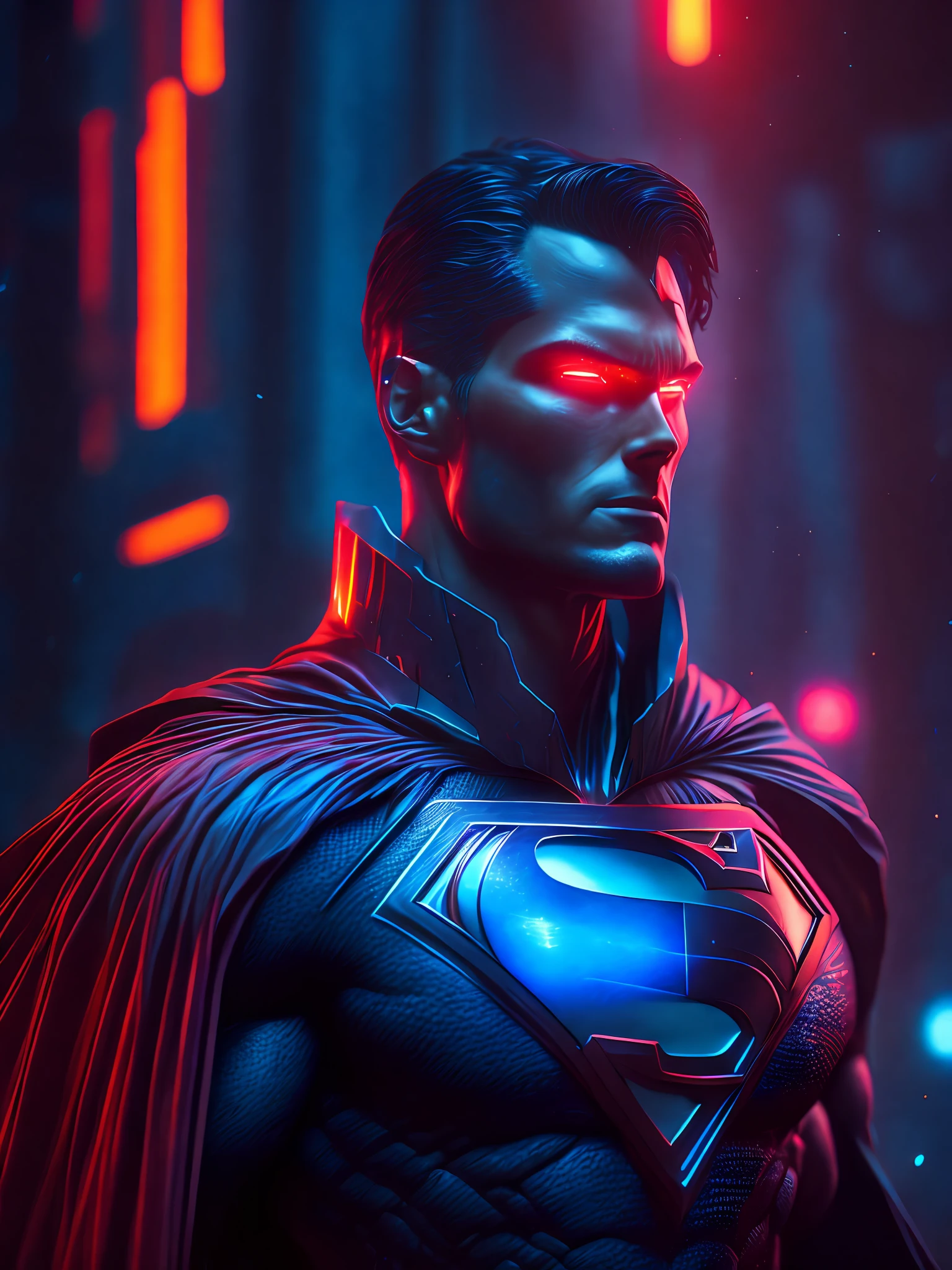 a somber portrait of Superman from DC with intricate angular cybernetic implants inside a brutalist building, a gothic brutalist cathedral, cyberpunk, award-winning photos, bokeh, neon lights, cybernetic limb