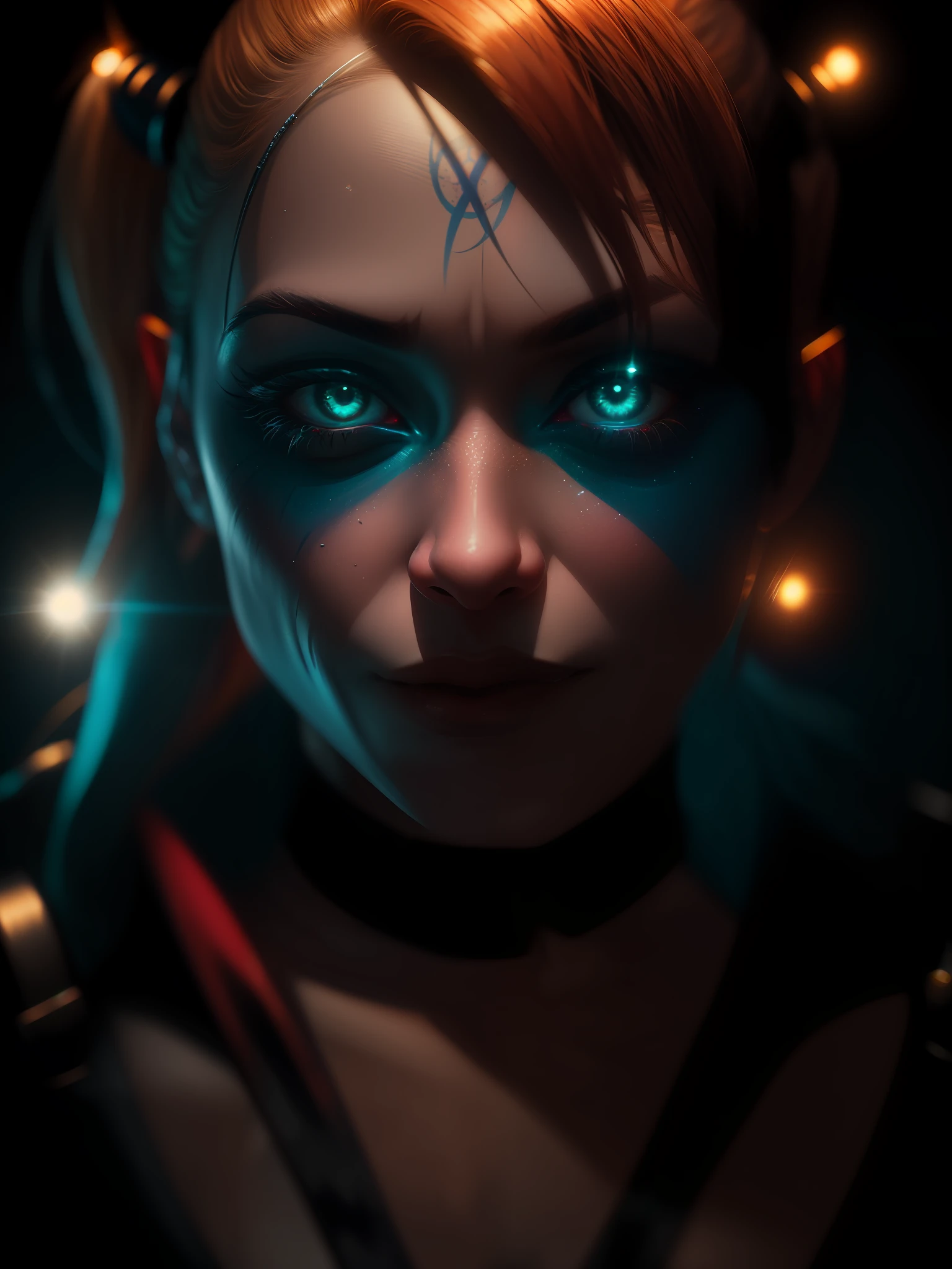 Movie scene, Harley Quinn from DC close-up shot, distorted space, distorted undead in the background, lens flare, light shafts, intricate details, highly detailed, volumetric lighting, 4k rendering, stock photo, hyperrealistic, realistic textures, dramatic lighting, Unreal Engine