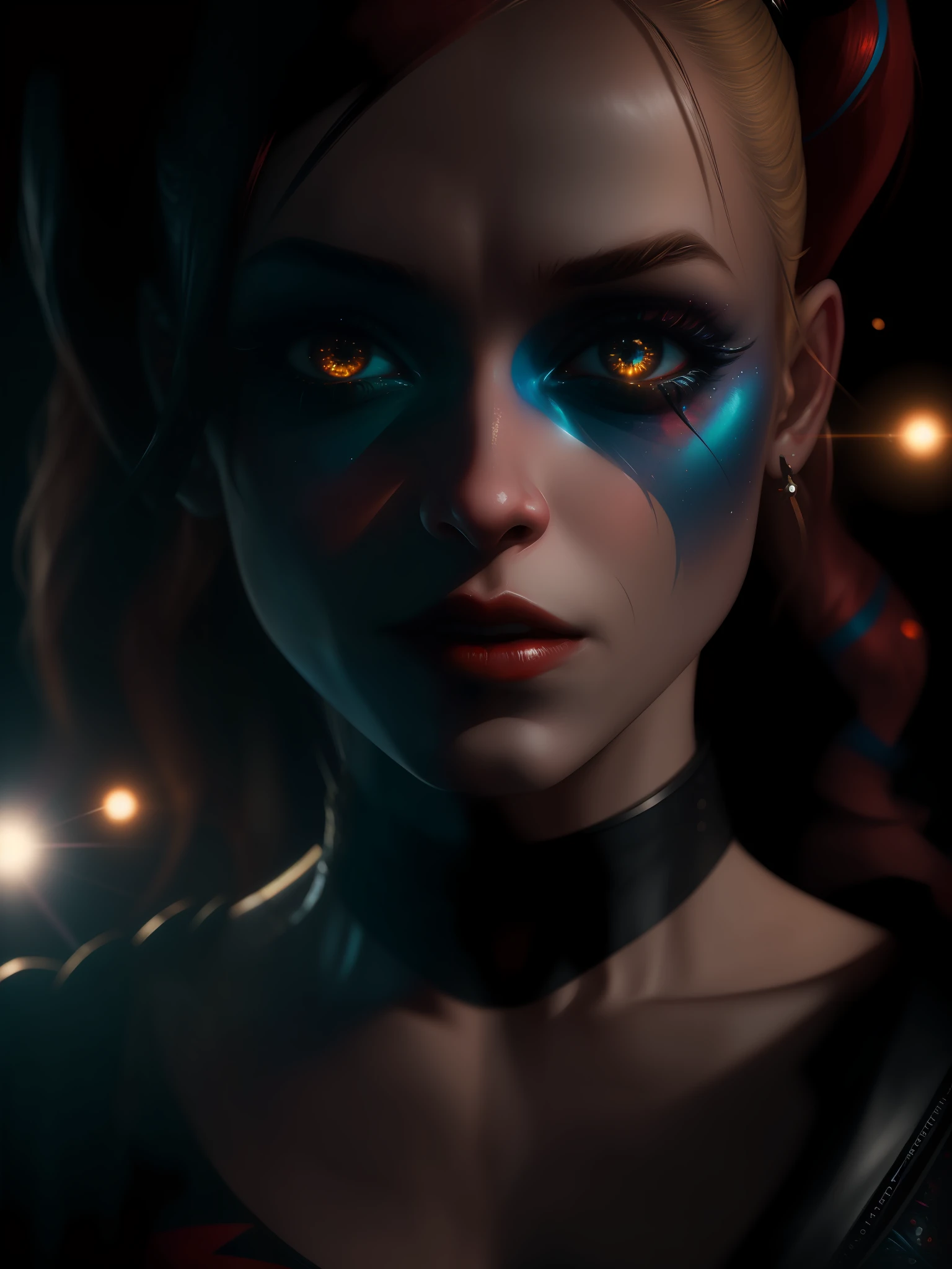 Movie scene, Harley Quinn from DC close-up shot, distorted space, distorted undead in the background, lens flare, light shafts, intricate details, highly detailed, volumetric lighting, 4k rendering, stock photo, hyperrealistic, realistic textures, dramatic lighting, Unreal Engine