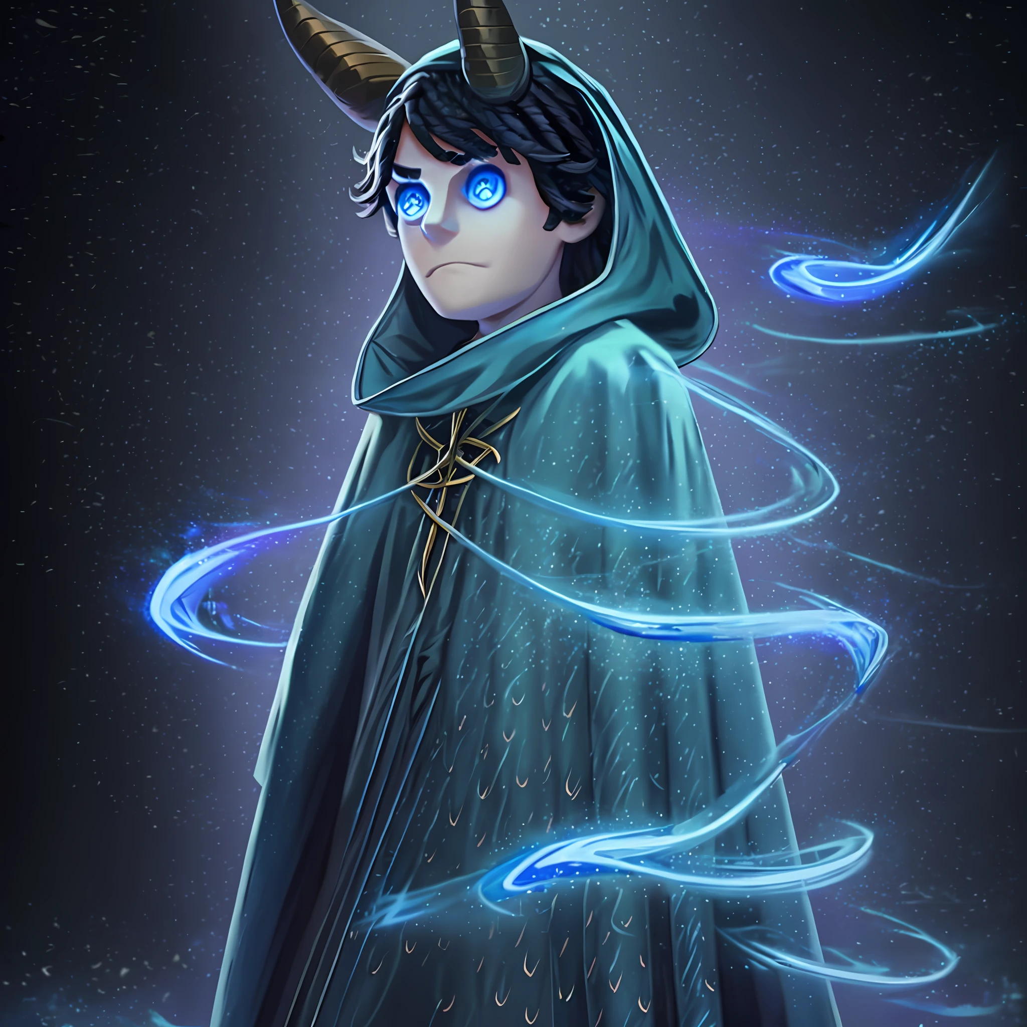 Masterpiece, high quality, young boy, light blue dress, cloak with hood, two horns from hood, black hair, facing forward, looking at camera, full body, center of screen