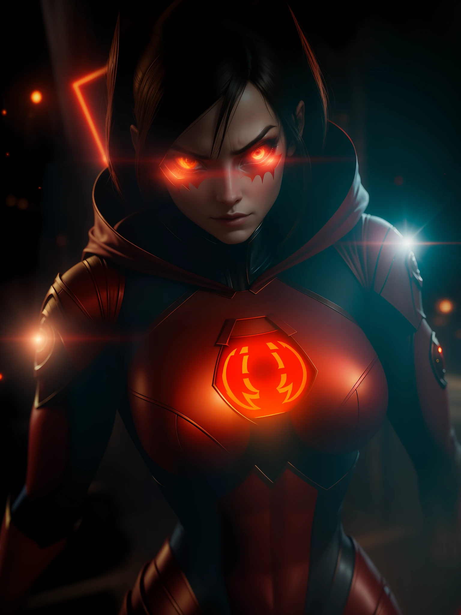 Movie scene, close-up shot of Woman dressed as Red Lantern from DC, distorted space, distorted undead in the background, lens flares, light shafts, intricate details, highly detailed, volumetric lighting, 4k rendering, stock photo, hyperrealistic, realistic textures, dramatic lighting, Unreal Engine