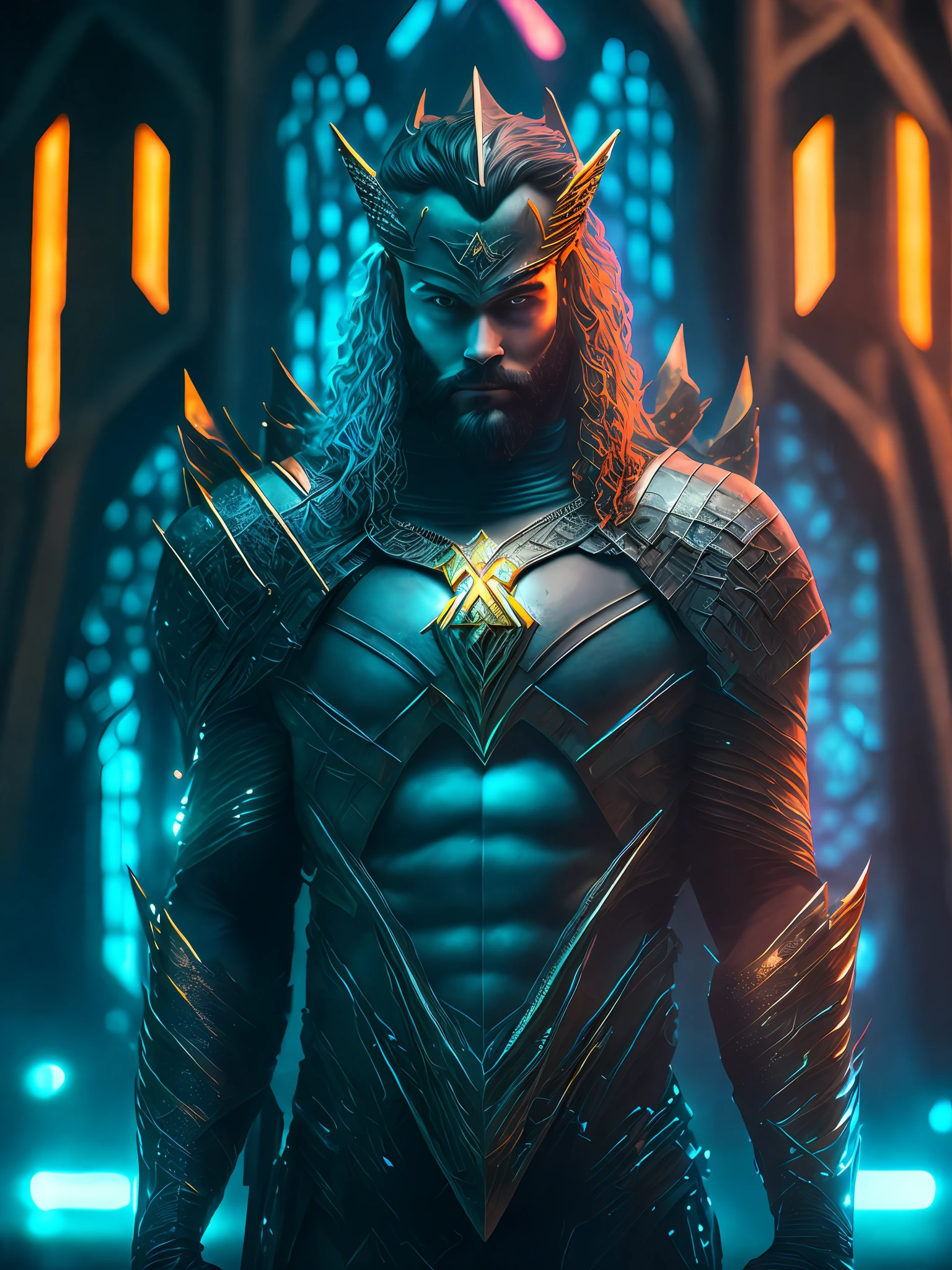 somber portrait of Aquaman from DC with intricate angular cybernetic implants inside a brutalist building, gothic brutalist cathedral, cyberpunk, award-winning photo, bokeh, neon lights, cybernetic limb