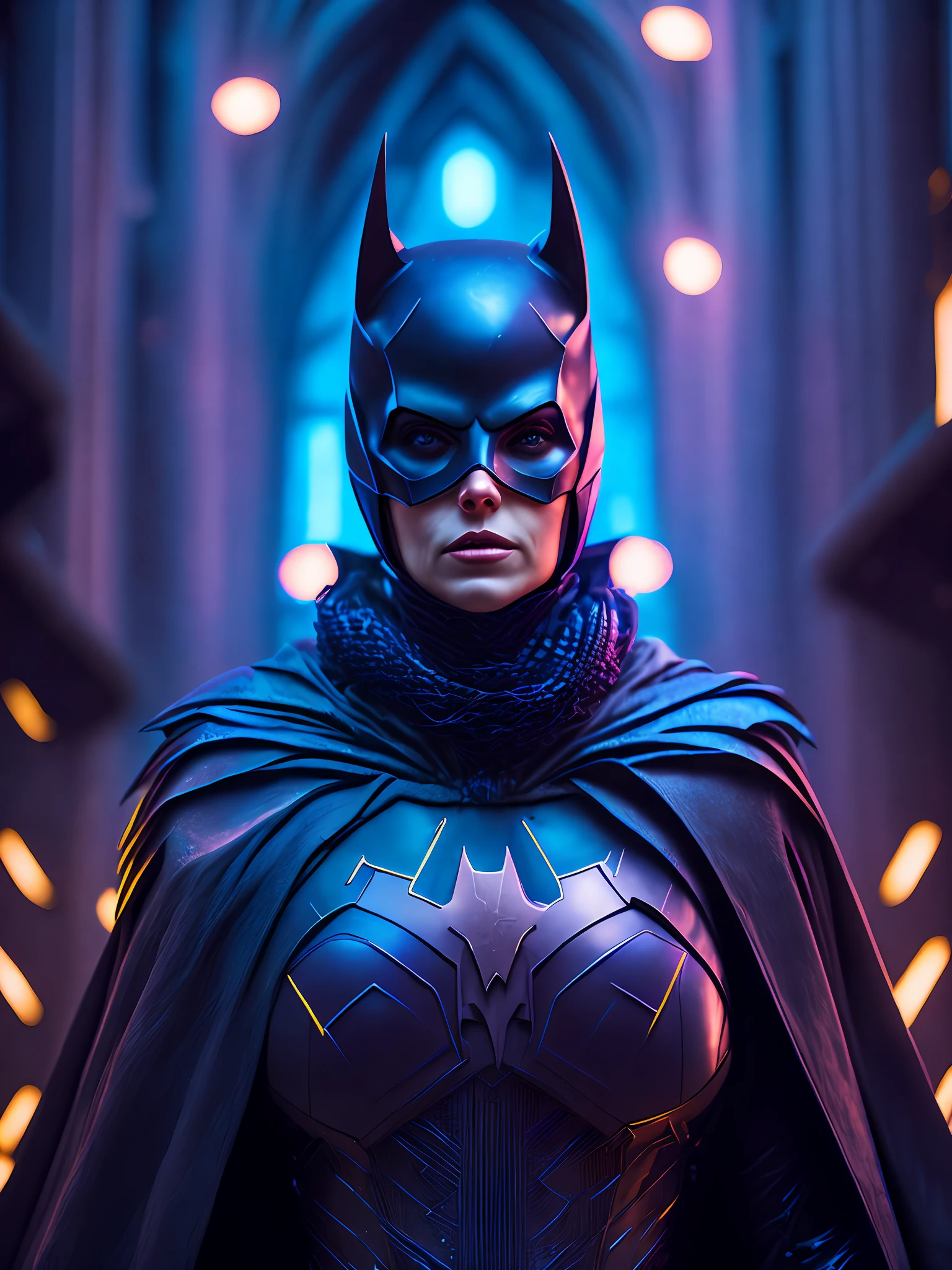 somber portrait of Batgirl from DC with intricate angular cybernetic implants inside a brutalist building, gothic brutalist cathedral, cyberpunk, award-winning photo, bokeh, neon lights, cybernetic limb