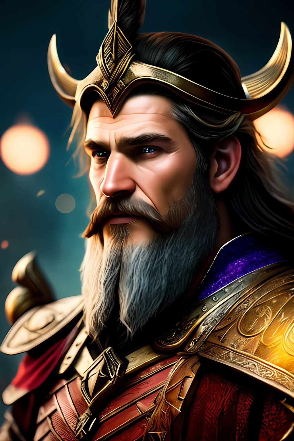 A very handsome and attractive middle age man, full focus, tiltshift, ethereal, cinematic, shimmering lights, vikings, god, mythological king