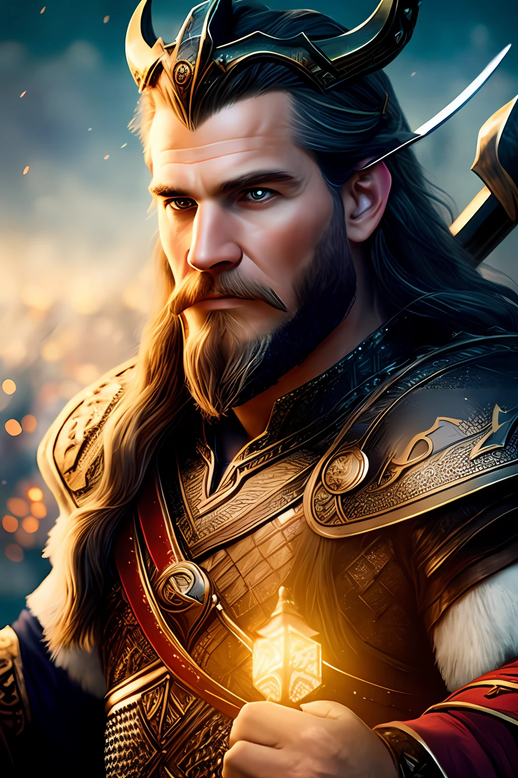 A very handsome and attractive middle age man, full focus, tiltshift, ethereal, cinematic, shimmering lights, vikings, god, mythological king