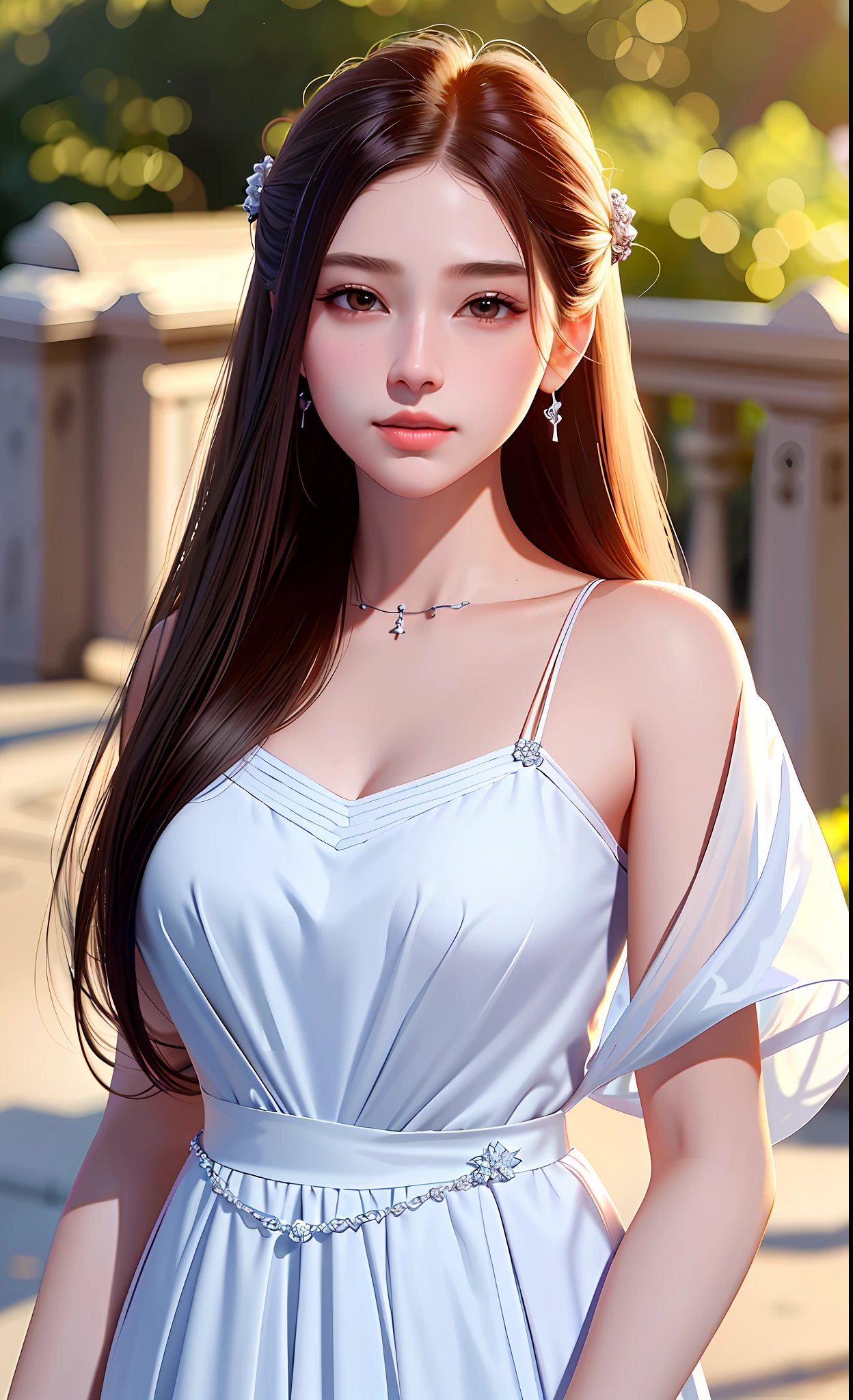 Upper body, masterpiece, superlative, (realism: 1.7), high resolution, long hair, round face, jewelry hairpin, breast enlargement, stone bridge, hanstyle, hanfu, see-through,
