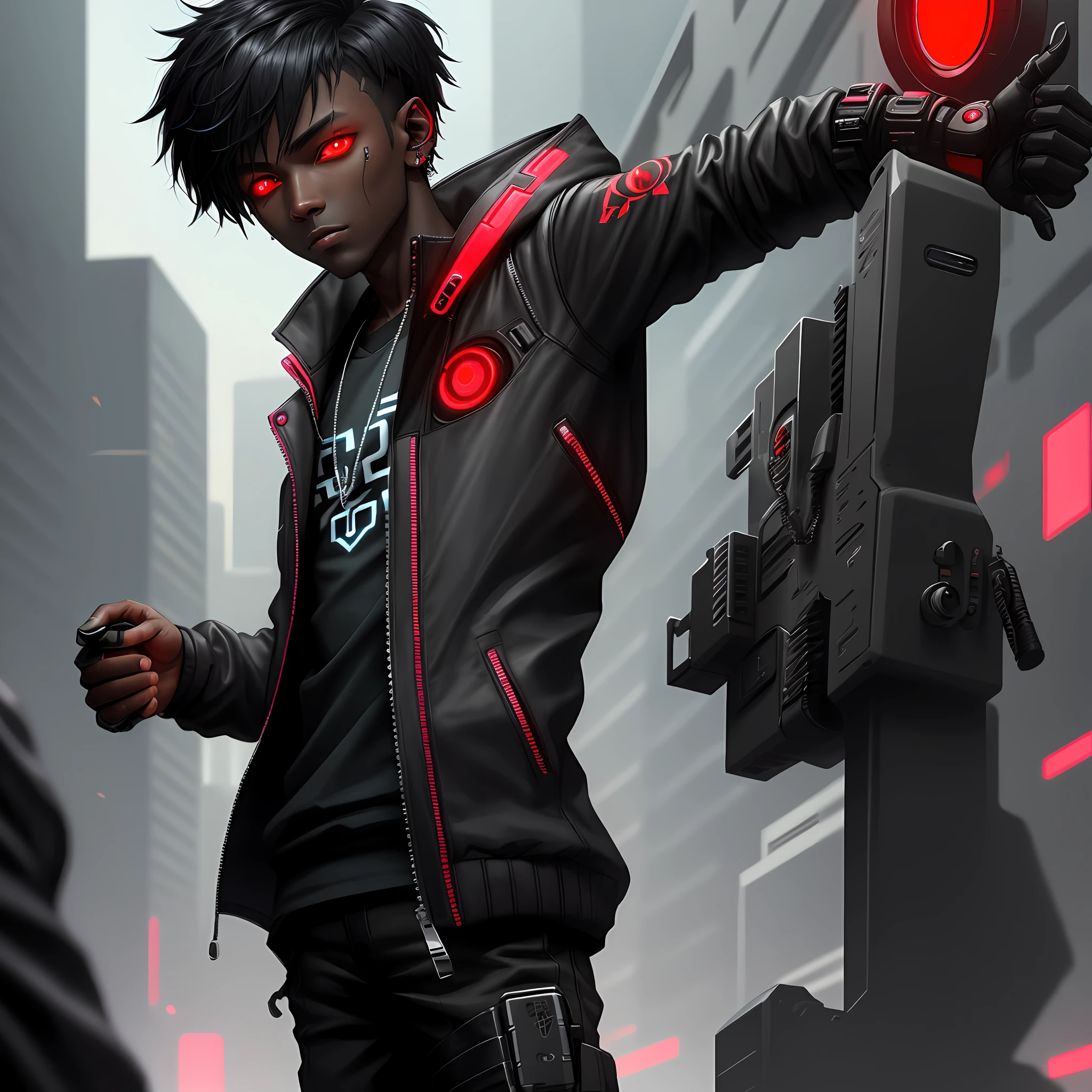 1boy, dark skin, cyberpunk, short hair, red eye