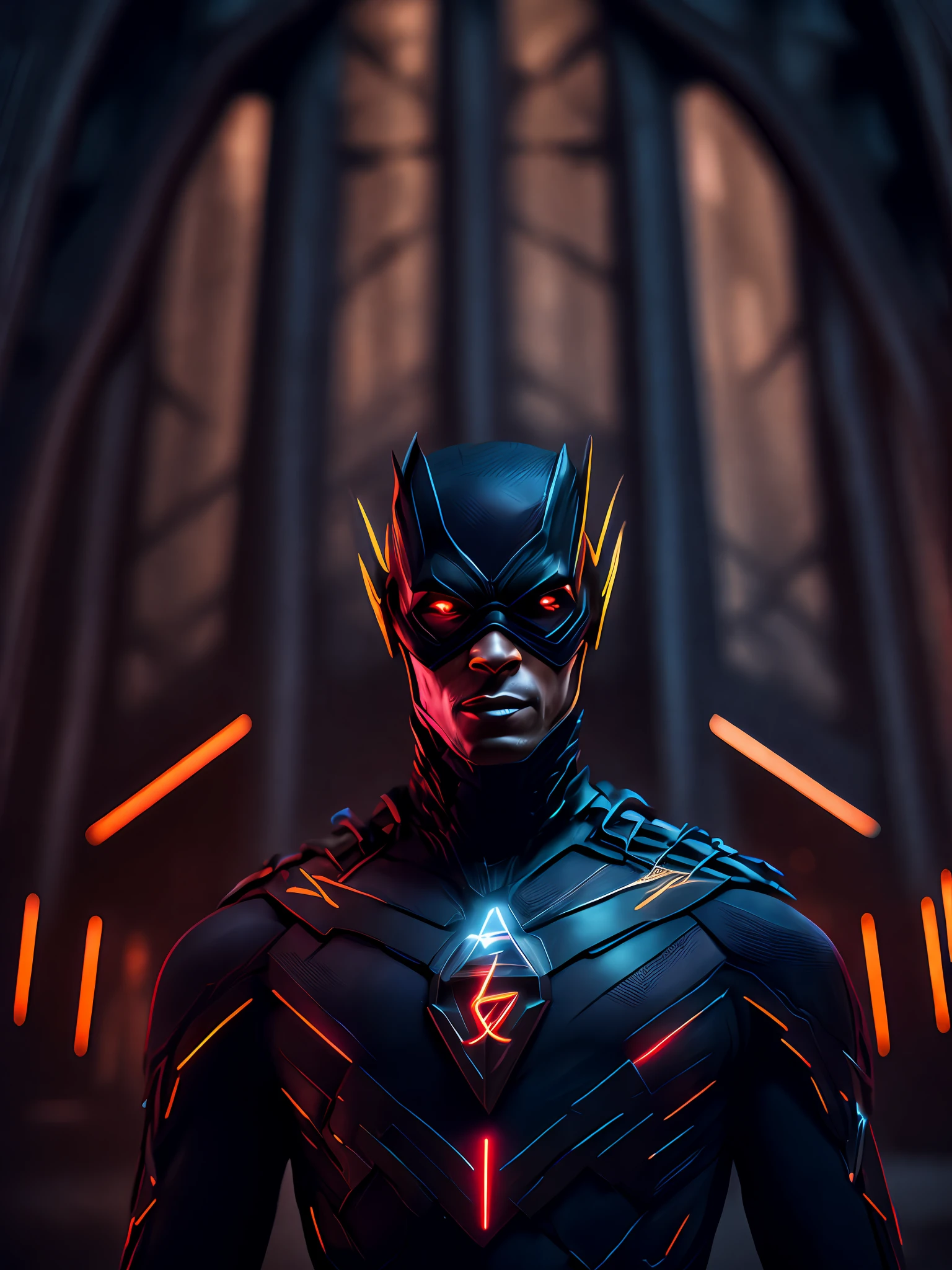 dark portrait of Black Flash from DC with intricate angular cybernetic implants inside a brutalist building, gothic brutalist cathedral, cyberpunk, award-winning photo, bokeh, neon lights, cybernetic limb