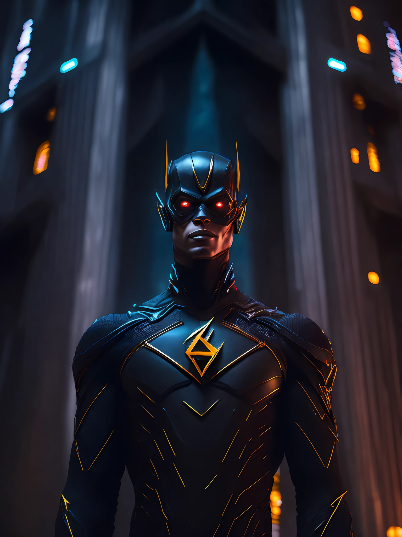 dark portrait of Black Flash from DC with intricate angular cybernetic implants inside a brutalist building, gothic brutalist cathedral, cyberpunk, award-winning photo, bokeh, neon lights, cybernetic limb