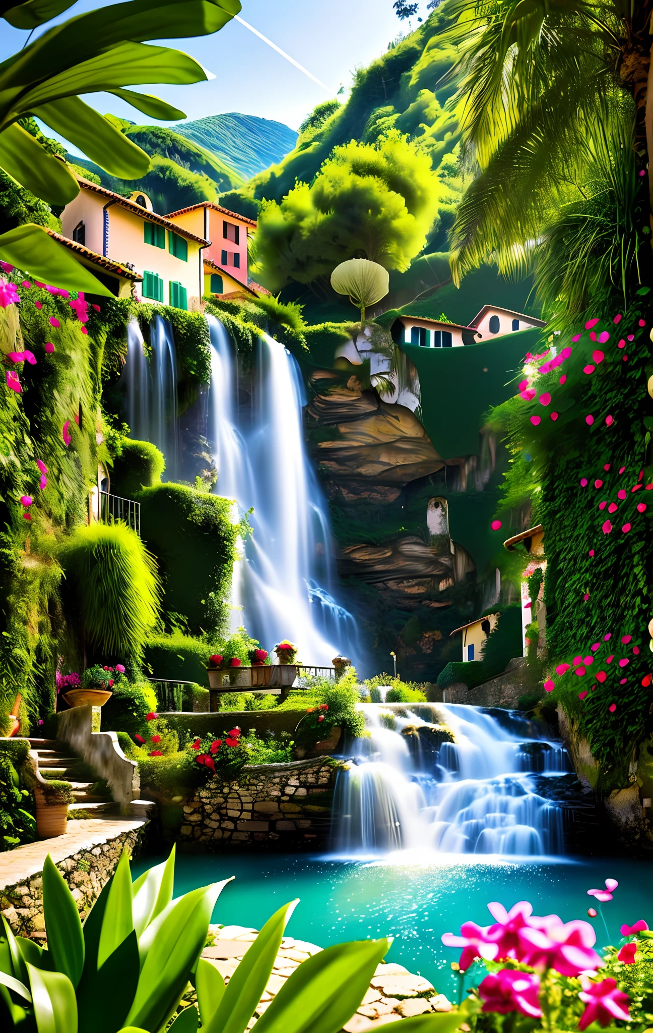 Portrait of a Italian village in a tropical forest, water fall, realistic houses, Italian shops, Italian restaurants, church, village center, pretty house, flowers, distortion, grain, dust particles, zoomed, dark themed