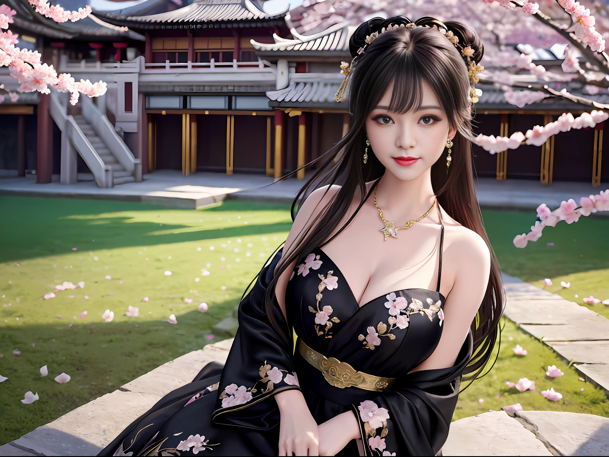 Excellent, masterpiece, high resolution, 8k, wallpaper, (((a girl))), (((solo))), sitting on a stool, blush, star pupils, (realistic face), (high detail face), bright big eyes, (smile: 0.8), beautiful and delicate face, sexy body, (high detail skin: 1.2), Chinese hanfu, ((black dress)), leaky shoulders, bandeau, cleavage, big boobs, long hair, bangs, hair buns, hair accessories, necklaces, jewelry, beauty, realistic, light edges, Ancient courtyard, courtyard full of plum blossoms, 8k uhd, SLR, soft light, high quality, volumetric lighting, candid shot, photo, high resolution, 4k, background bokeh