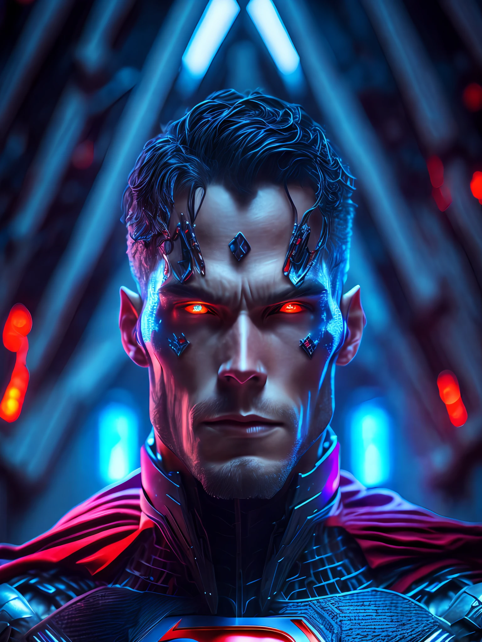 somber portrait of Cyborg Superman from DC with intricate angular cybernetic implants inside a brutalist building, gothic brutalist cathedral, cyberpunk, award-winning photo, bokeh, neon lights, cybernetic limb