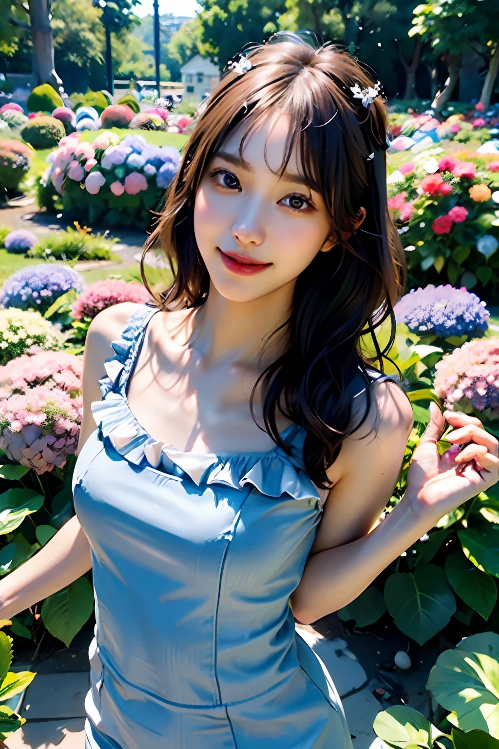 best quality, masterpiece, ultra high res, 8K, raw, (photo realistic:1.4), professional lighting, depth of field, (detailed background:1.5), hydrangeas, flower garden, slender, dynamic pose, 1 girl, cute, smile, big brown eyes, open mouth, tiny breasts, detailed clothes, pale blue, one-piece with frill