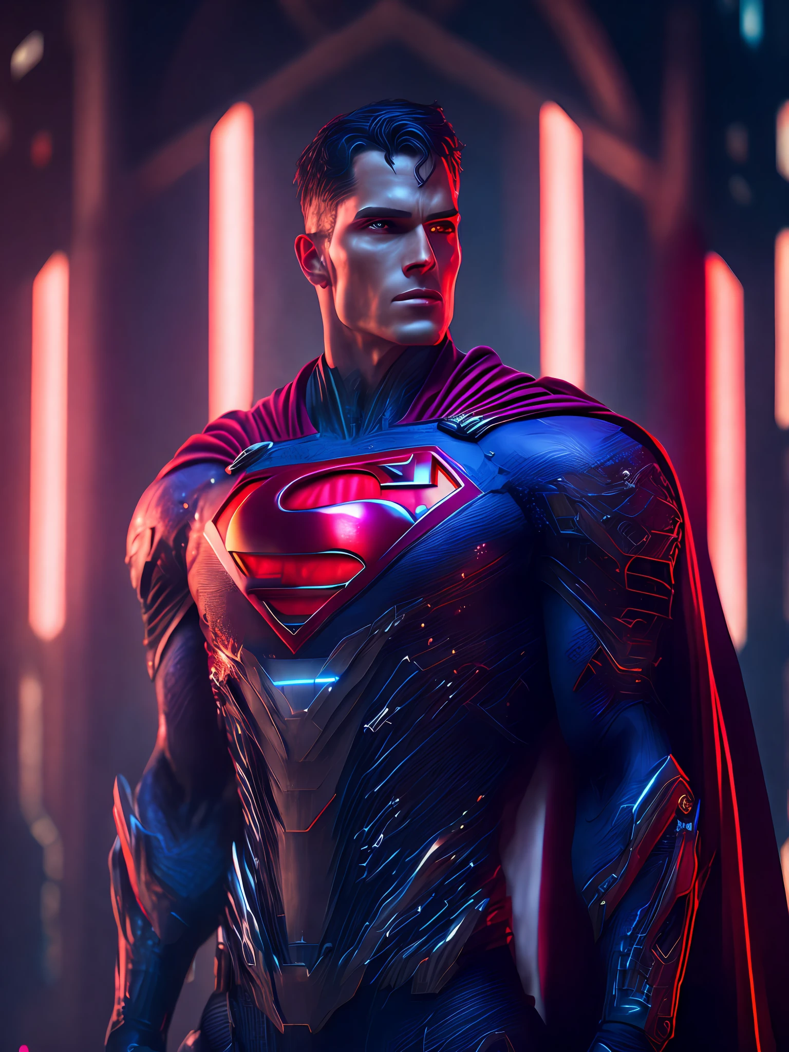 somber portrait of Cyborg Superman from DC with intricate angular cybernetic implants inside a brutalist building, gothic brutalist cathedral, cyberpunk, award-winning photo, bokeh, neon lights, cybernetic limb