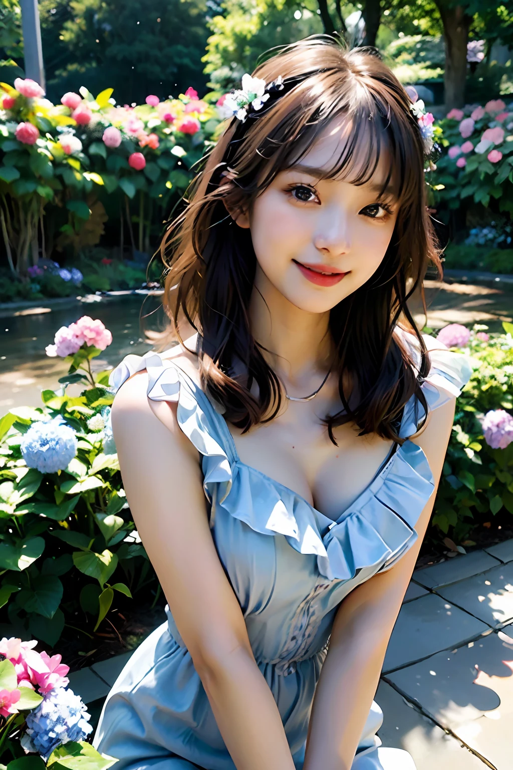 best quality, masterpiece, ultra high res, 8K, raw, (photo realistic:1.4), professional lighting, depth of field, (detailed background:1.5), hydrangeas, flower garden, slender, dynamic pose, 1 girl, cute, smile, big brown eyes, open mouth, tiny breasts, detailed clothes, pale blue, one-piece with frill