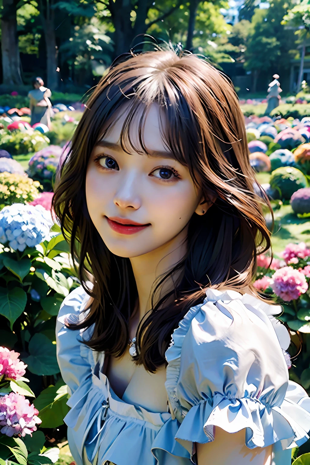 best quality, masterpiece, ultra high res, 8K, raw, (photo realistic:1.4), professional lighting, depth of field, (detailed background:1.5), hydrangeas, flower garden, slender, dynamic pose, 1 girl, cute, smile, big brown eyes, open mouth, tiny breasts, detailed clothes, pale blue, one-piece with frill