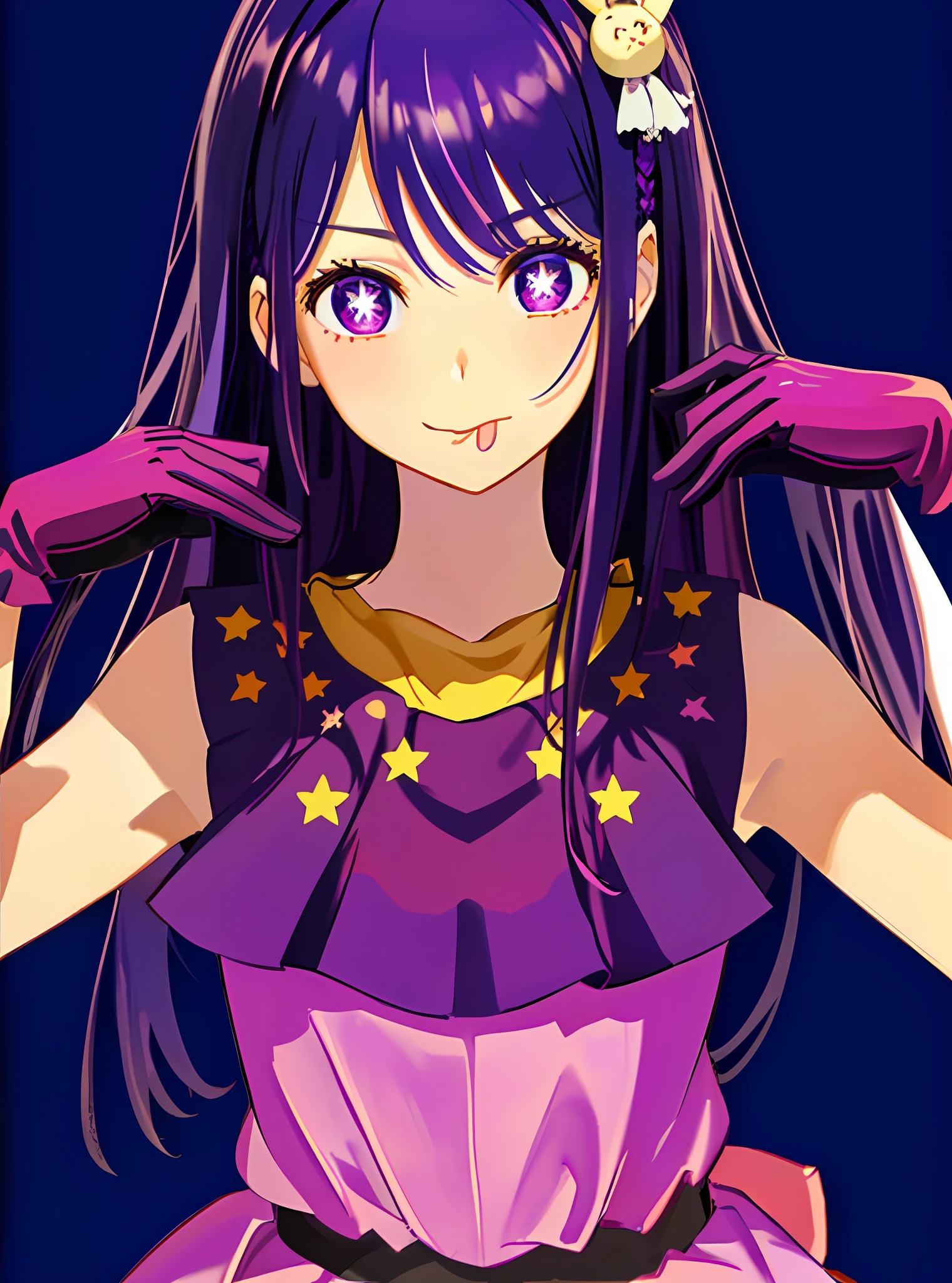masterpiece, (best quality:1.2), detailed, Hoshino Ai, 1girl, (solo), (purple hair:1.2), hair down, (purple eyes), star-shaped pupils, (tongue out:1.2), (upper body:1.3), hair ornament, (gloves:1.3), (sleeveless dress:1.2), detailed eyes, highres, (simple background, blue background:1.3), high details, (staring at viewer:1.2)