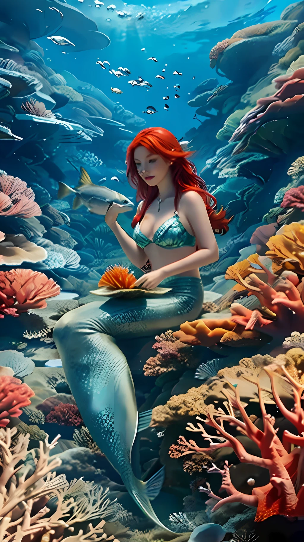 Mermaid, red hair, sitting on stone, corals, fish, algae,