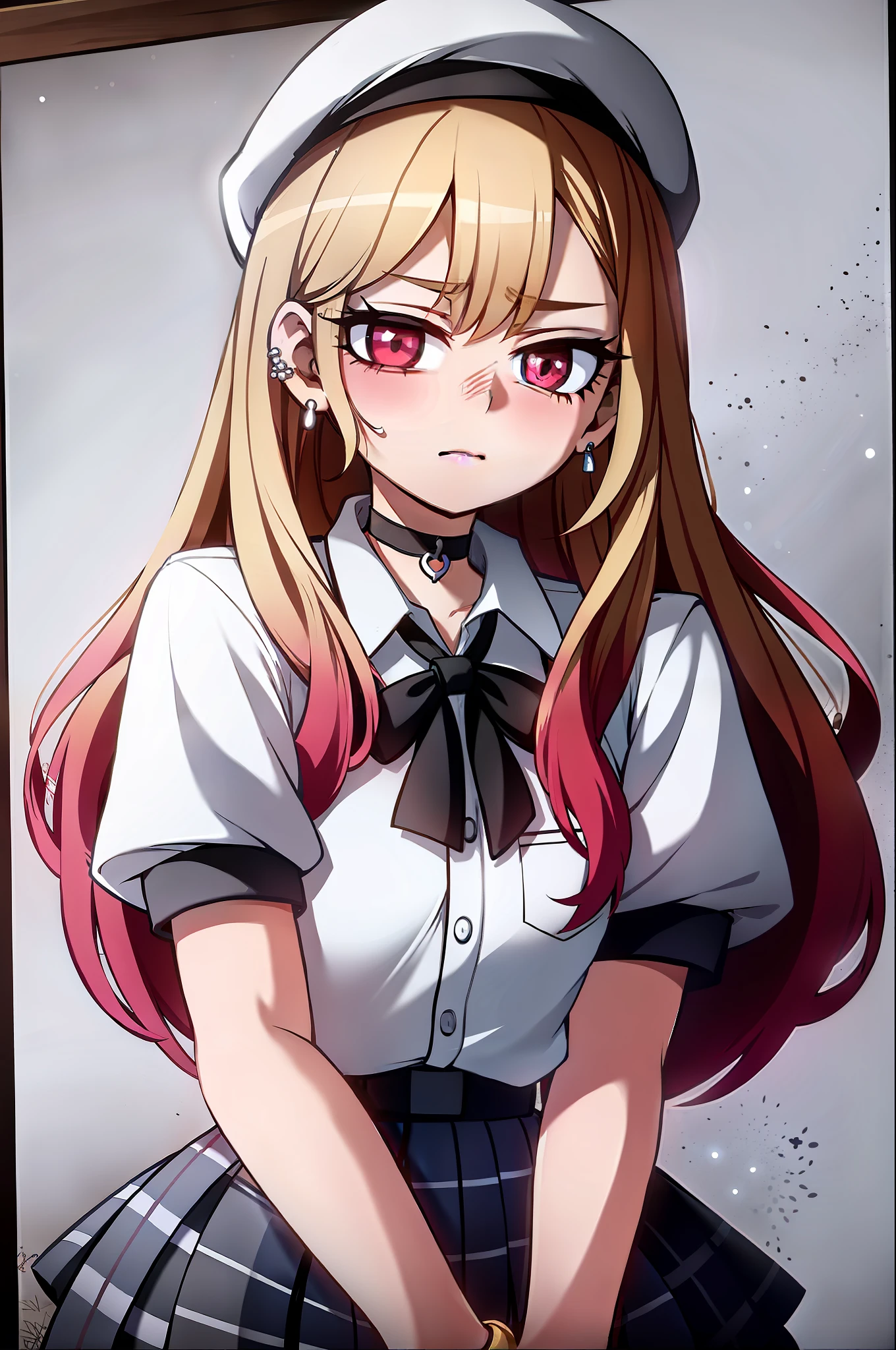 (cute and shy 5 year old girl) On a white background, a lot of love appeared around. She has long hair, blonde hair, red eyes, pierced ears, earrings and stud earrings, a black choker around her neck, a school uniform with a loose tie, a white-collared shirt and a blue pleated skirt or plaid skirt, and a bracelet on her hands. A masterpiece of pictures, high resolution, best quality, 8k and very sharp.