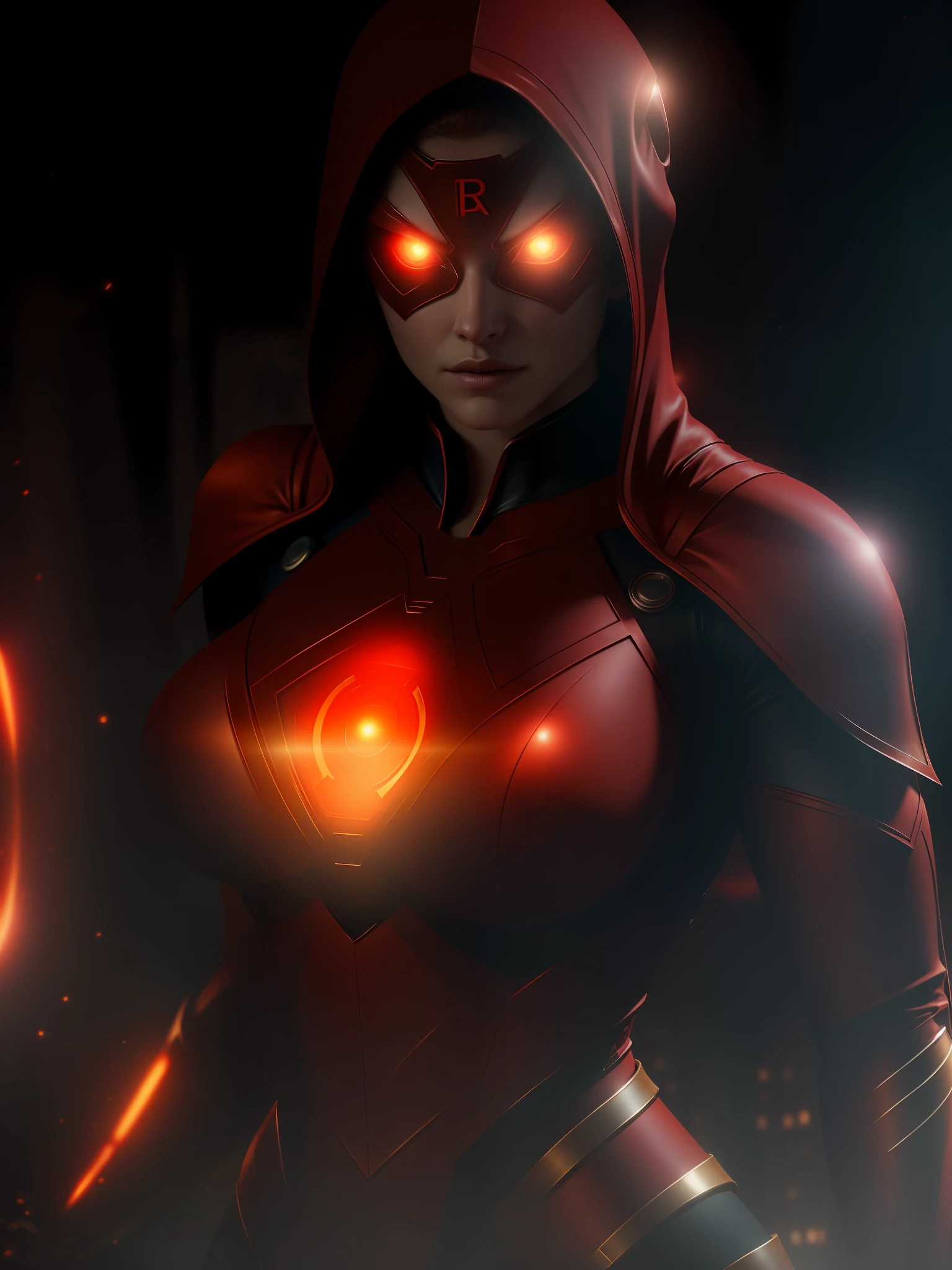 Movie scene, close-up shot of Woman dressed as Red Lantern from DC, distorted space, distorted undead in the background, lens flares, light shafts, intricate details, highly detailed, volumetric lighting, 4k rendering, stock photo, hyperrealistic, realistic textures, dramatic lighting, Unreal Engine
