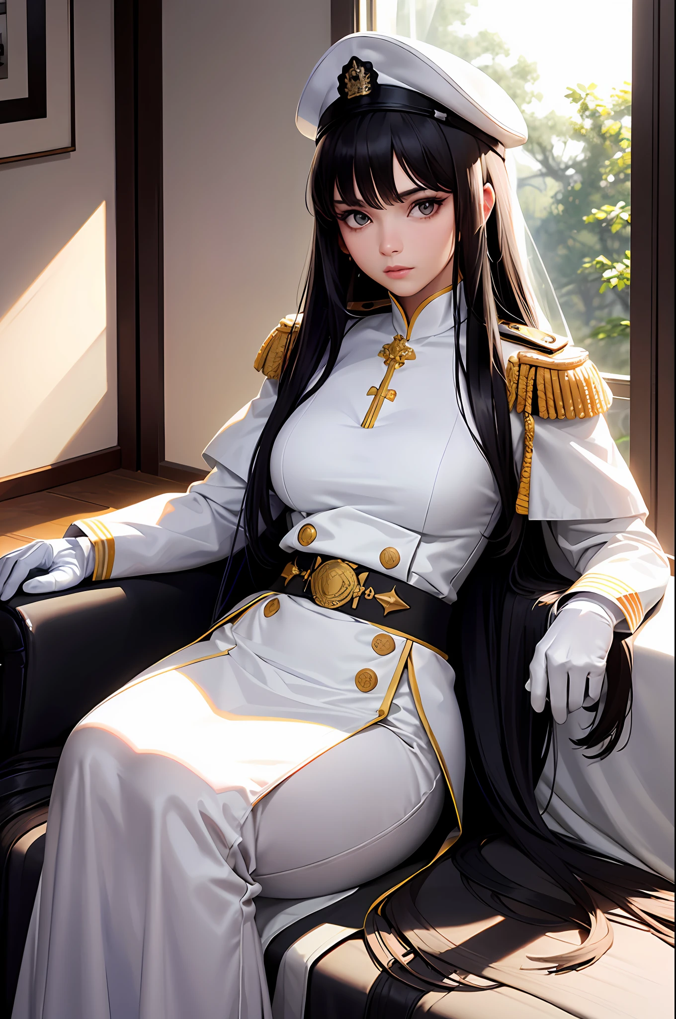 (highest resolution, distinct_image) the best quality, woman, masterpiece, high detail, realism, black hair, bangs, straight long hair, mature, white clothes, white uniform, white gloves, military school beauty, wearing white military cap, heroic posture, saber at waist, interior background, exquisite facial features, super high resolution, cinematic texture, complete five fingers, light and shadow effects, half body