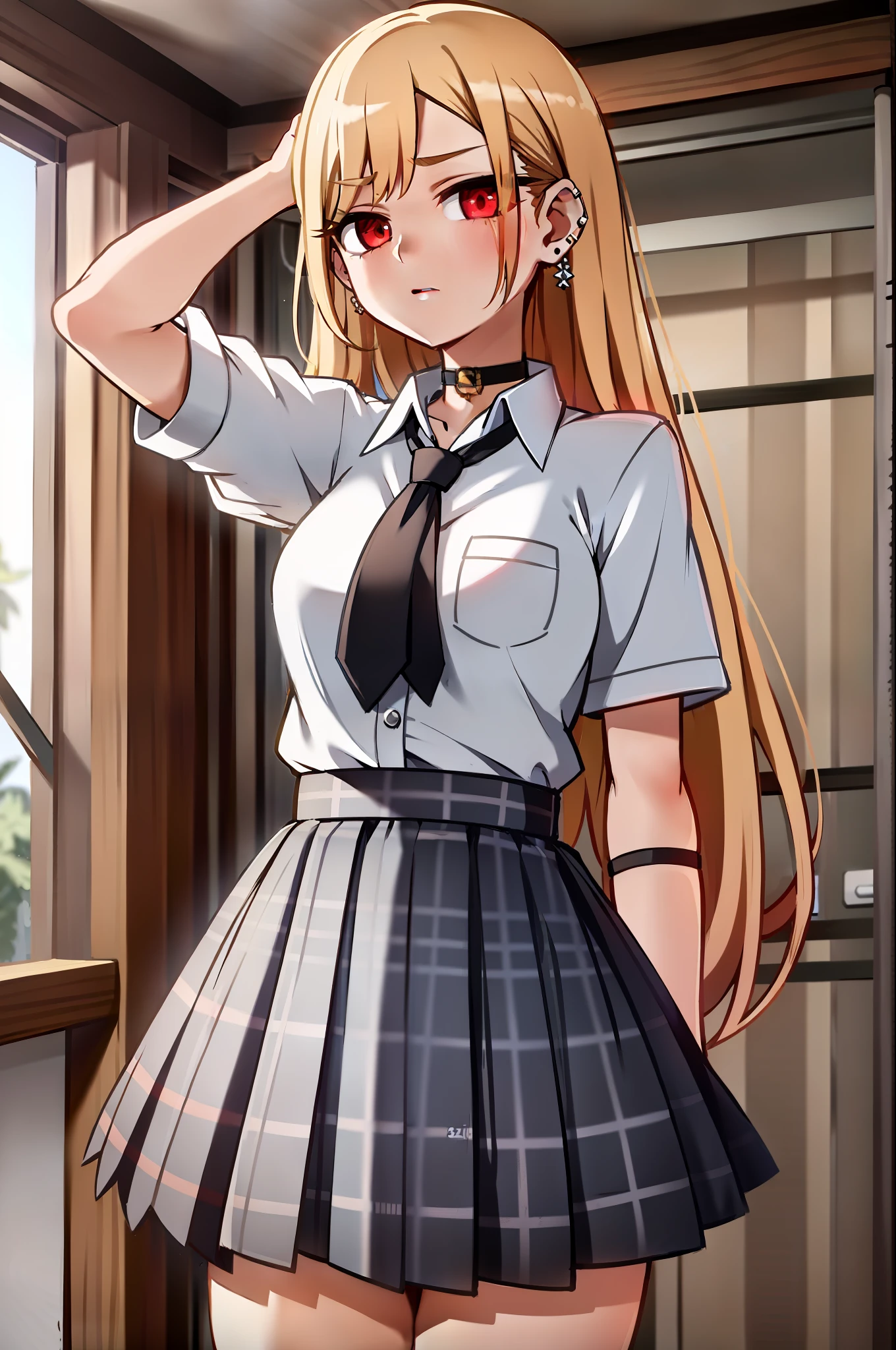1girl cute shy long hair blonde red eye piercing earrings earrings stud earrings black choker loose tie school uniform white collar shirt blue skirt pleated skirt plaid skirt bracelet (masterpiece: 1.2), high resolution, best quality, 8k, very clear,