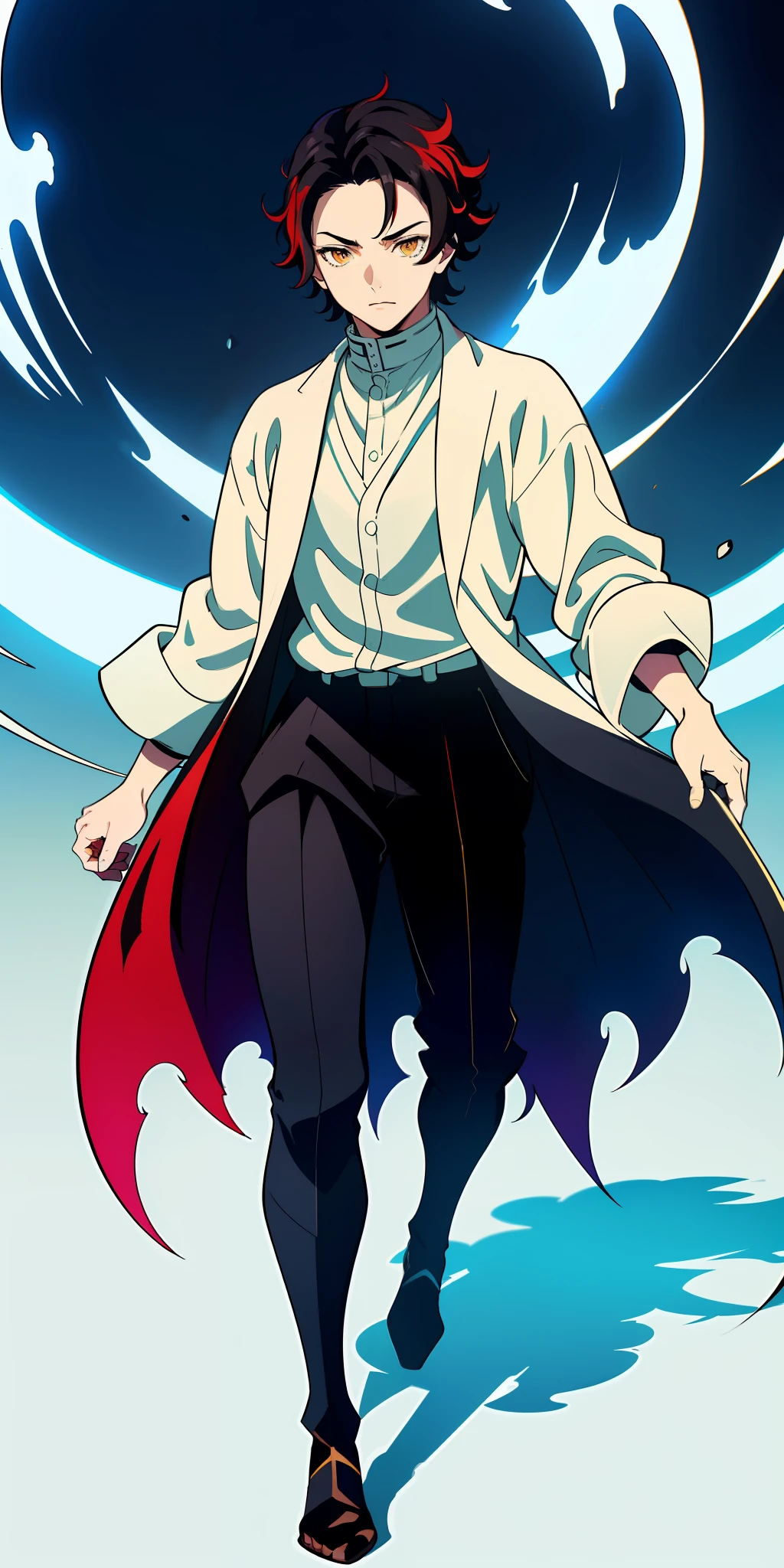 1boy, mature,(masterpiece: 1.2, best quality), (finely detailed beautiful eyes: 1.2), (extremely detailed CG unit 8k wallpaper, masterpiece, best quality, ultra-detailed, best shadow), (detailed background), (beautiful detailed face, beautiful detailed eyes), High contrast, (better lighting, an extremely delicate and beautiful),1boy,((splashes of void on transparent background, dulux,)), ((caustic)), dynamic angle, beautiful detailed brightness, Full body, cowboy shot, dark hair, red yellow eyes, demon, Kimetsu no Yaiba